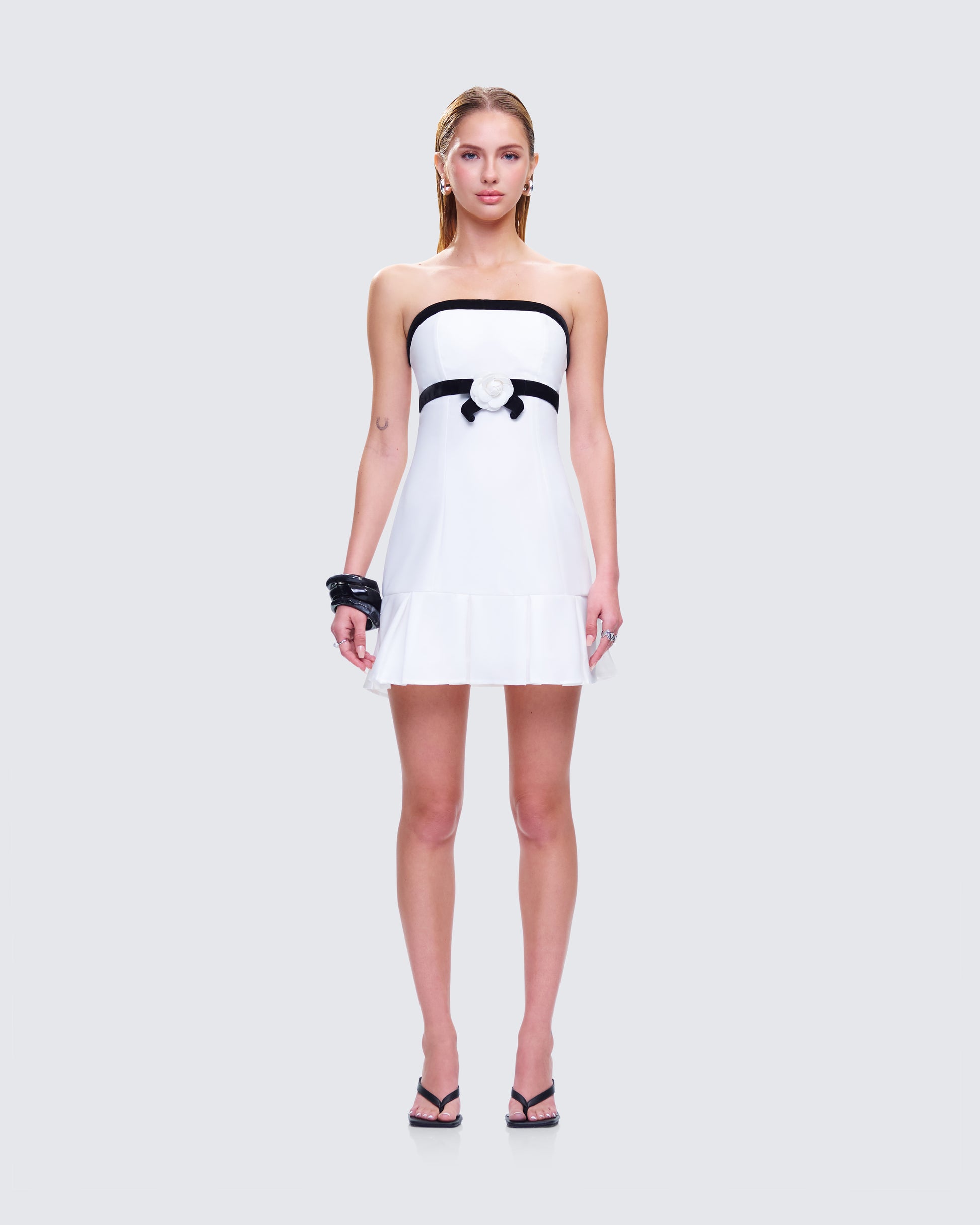White Strapless Mini Dress - Black Contrast Flared Hem FINESSE White Strapless Mini Dress - Black Contrast Flared Hem FINESSE