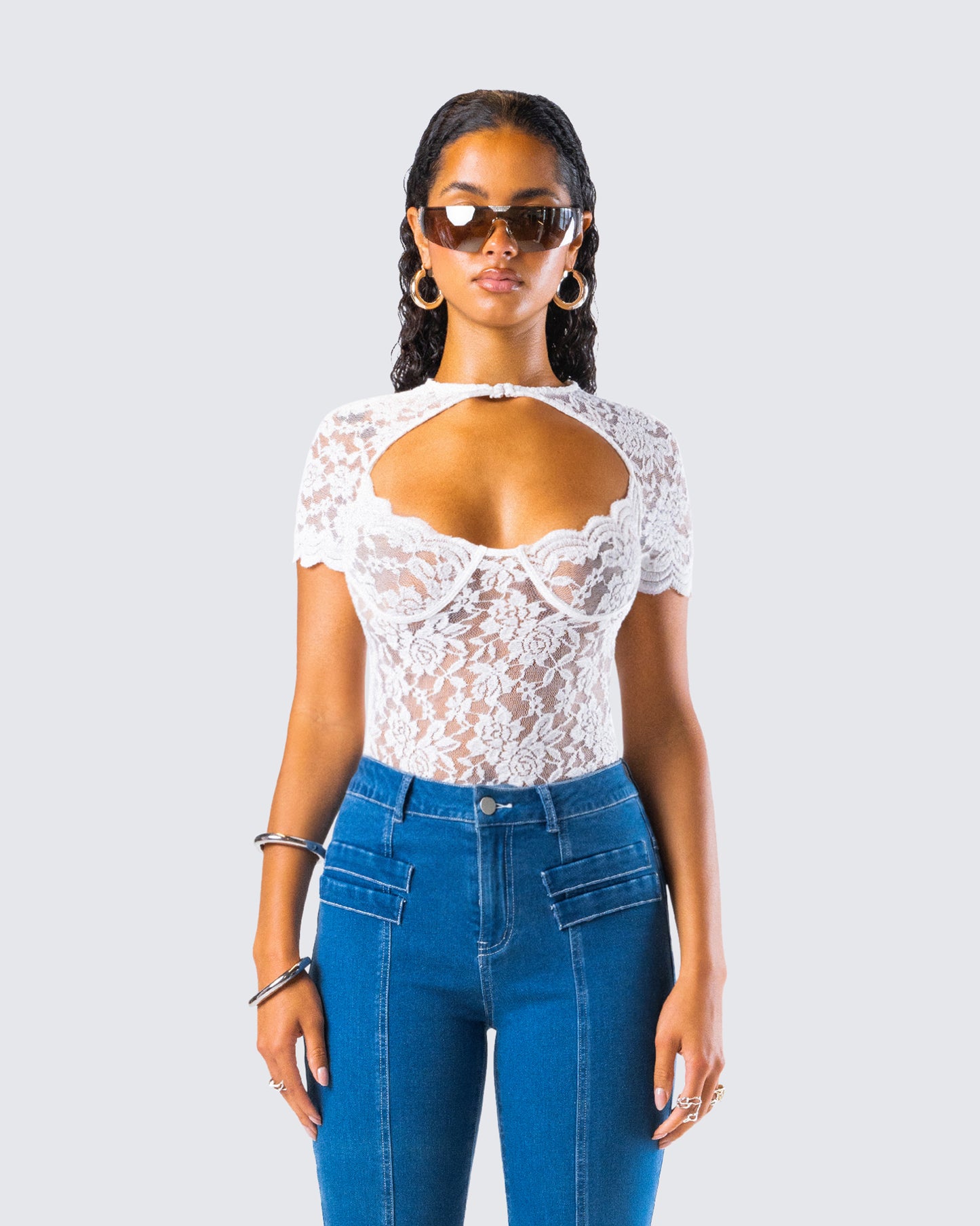 Romona White Lace Cut Out Bodysuit