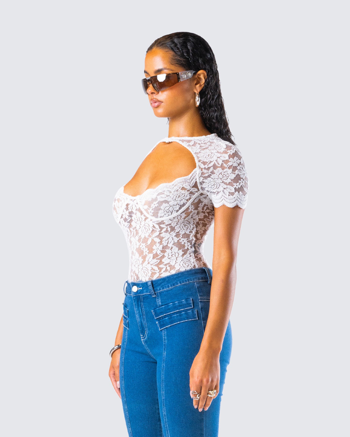 Romona White Lace Cut Out Bodysuit