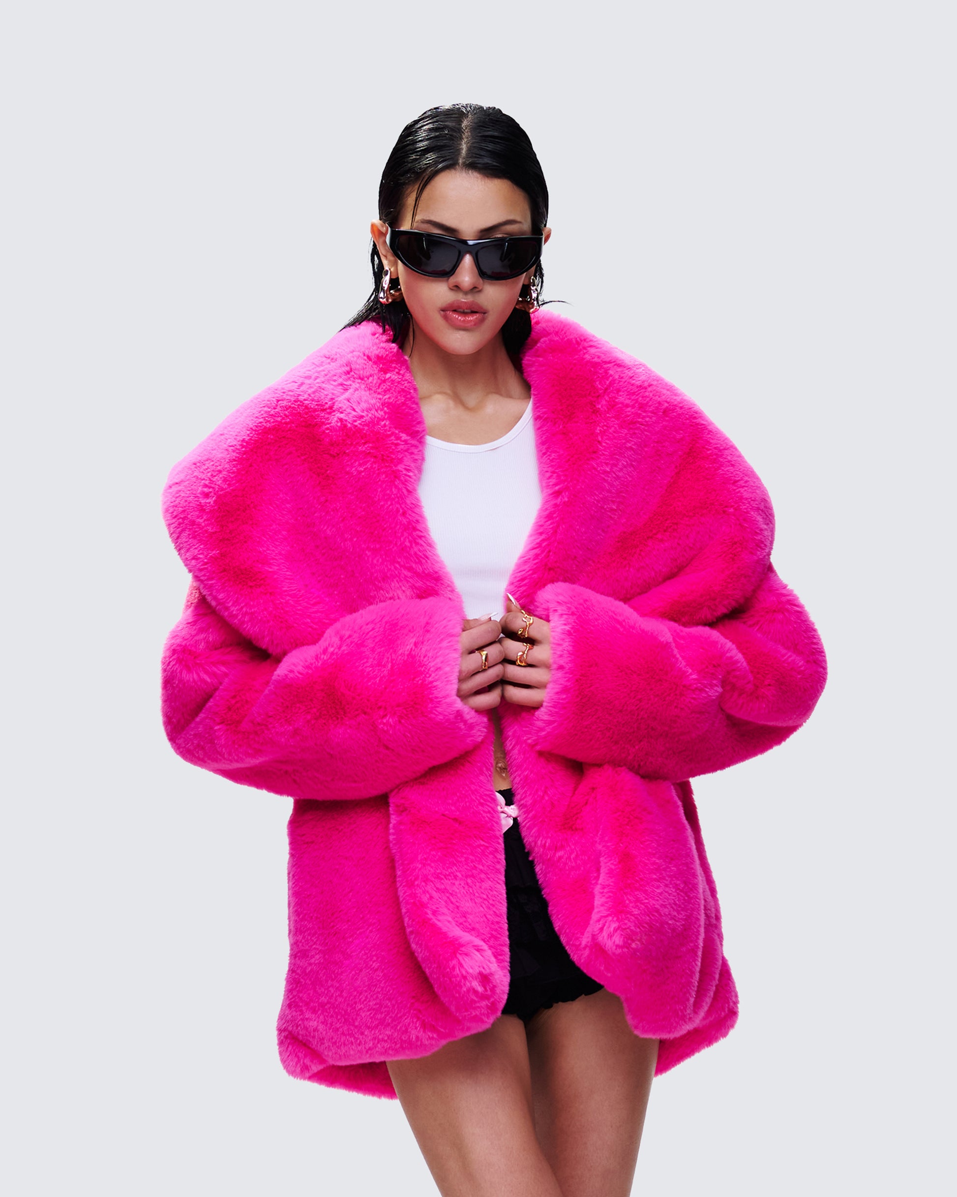 Hot Pink Faux Fur Jacket - Oversized Shawl Collar FINESSE Hot Pink Faux Fur Jacket - Oversized Shawl Collar FINESSE
