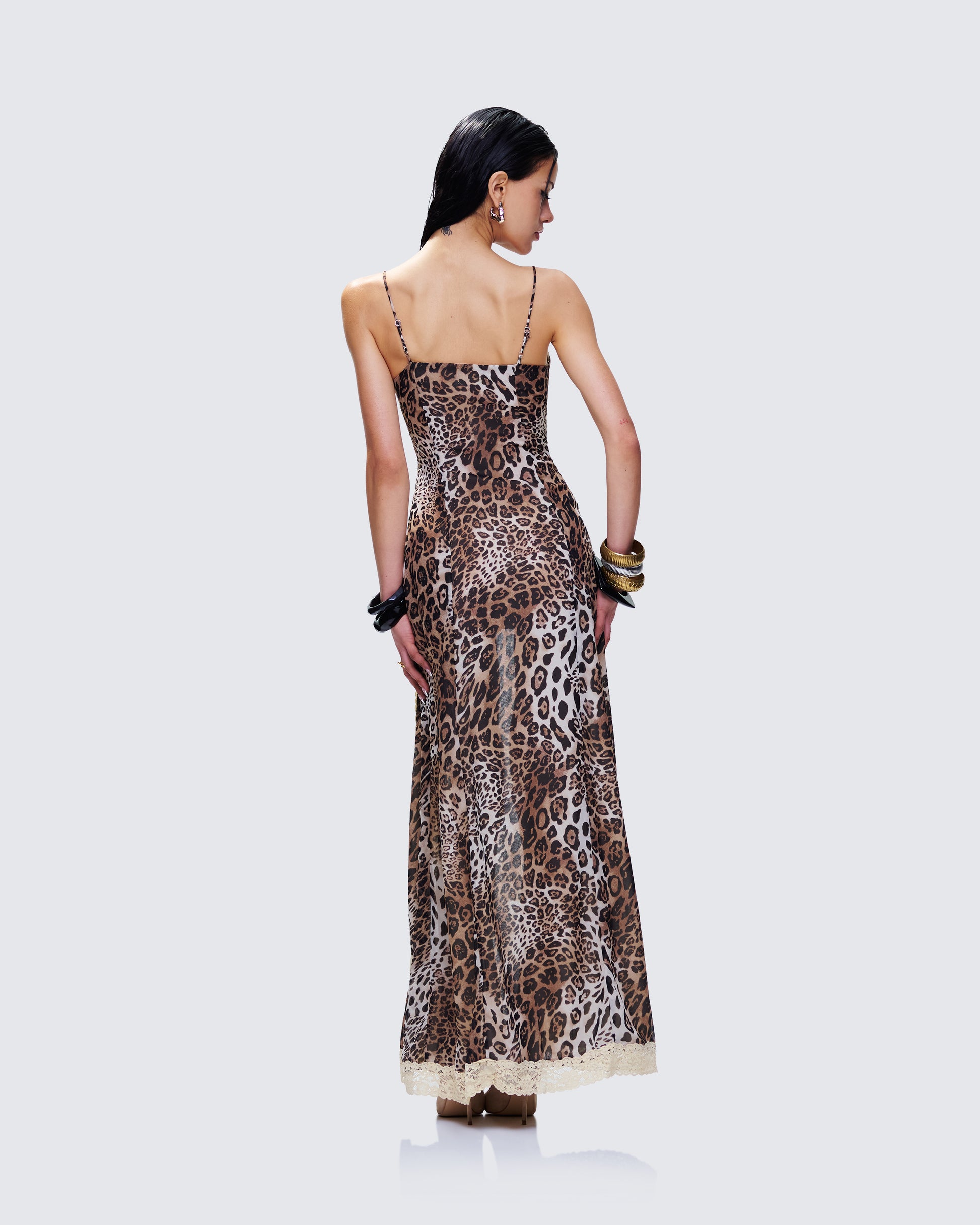 Leopard Print Maxi Dress - Lace Trim Cutout FINESSE Leopard Print Maxi Dress - Lace Trim Cutout FINESSE