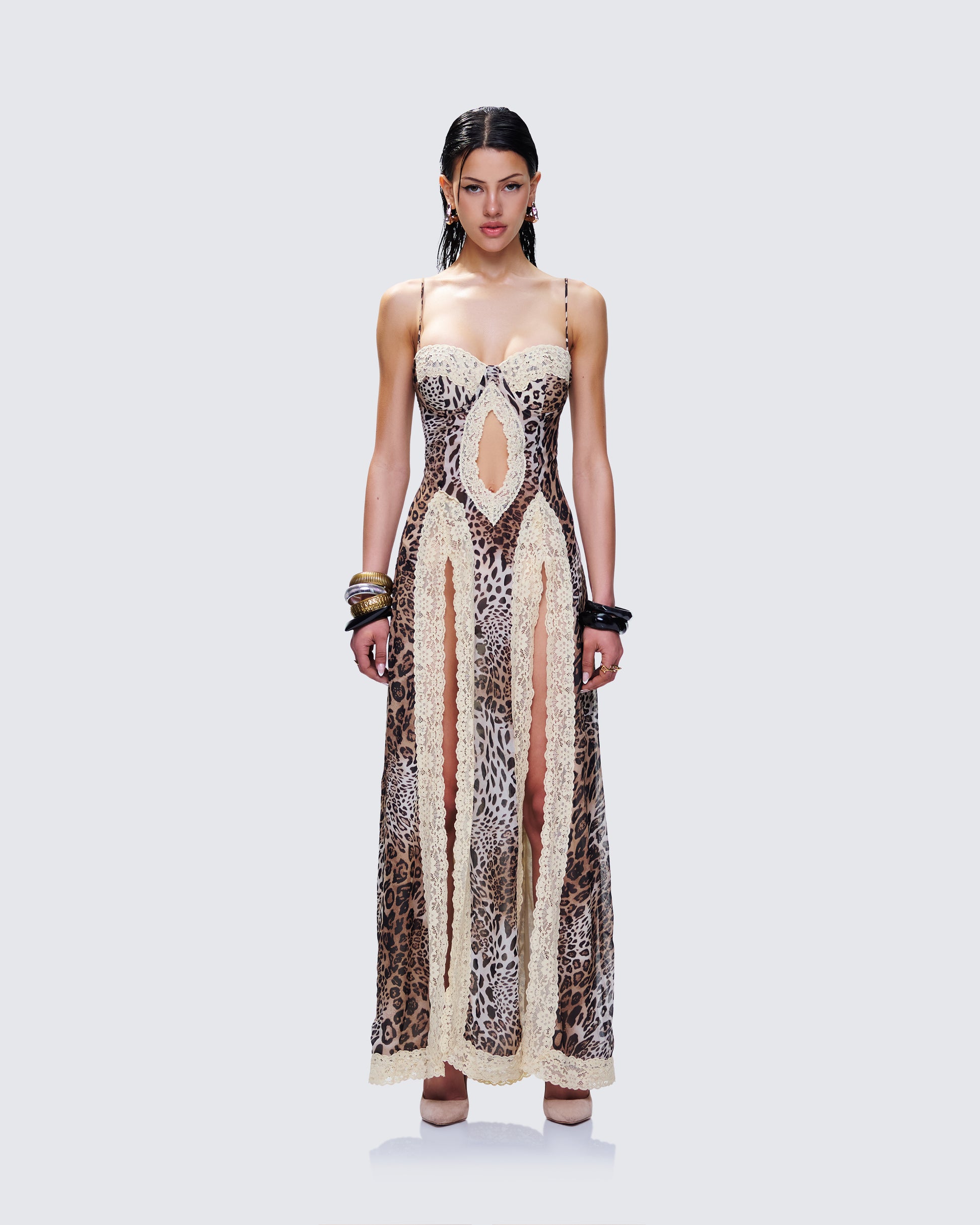 Leopard Print Maxi Dress - Lace Trim Cutout FINESSE Leopard Print Maxi Dress - Lace Trim Cutout FINESSE