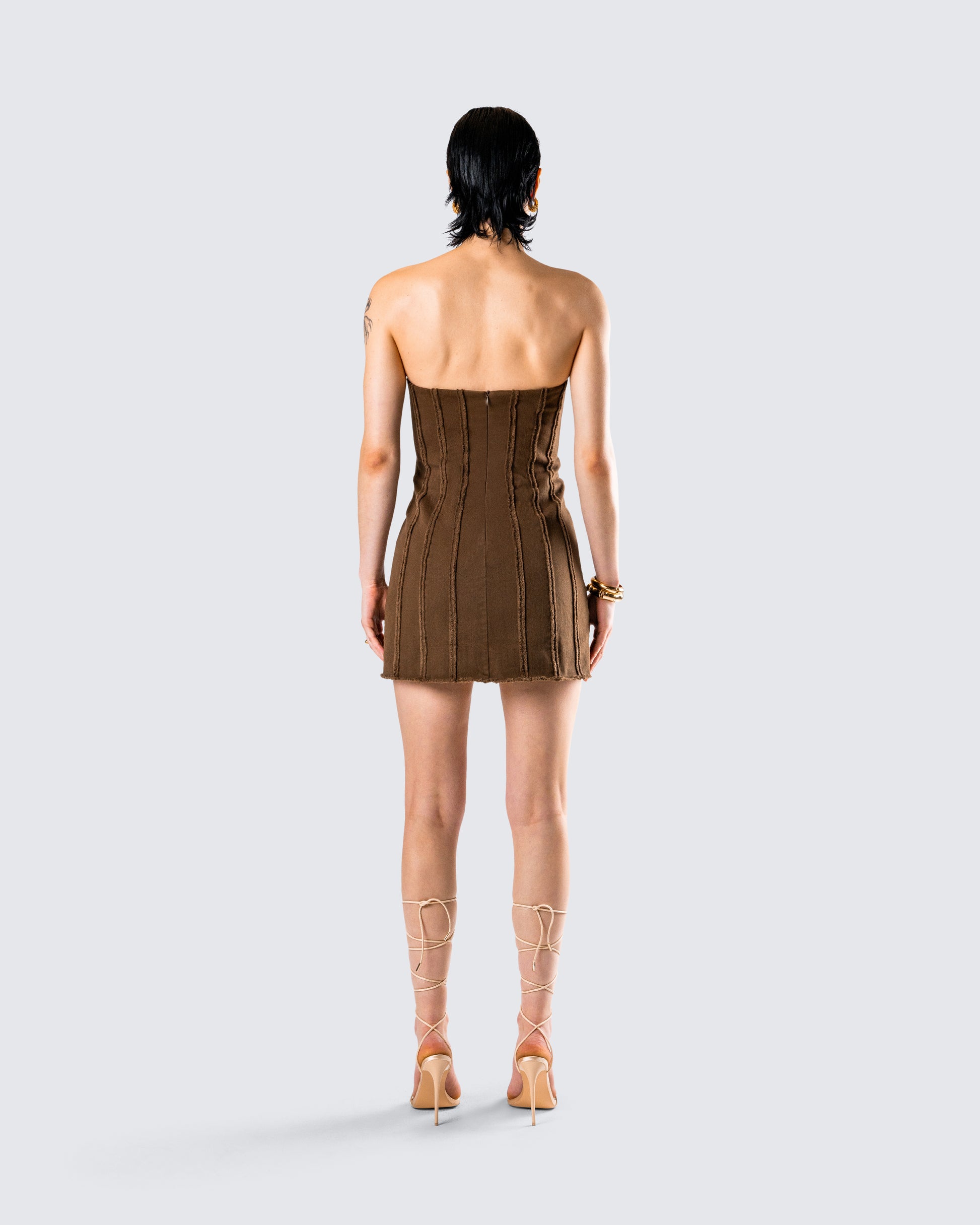 Brown Strapless Mini Dress - Textured Stripe Bodycon FINESSE Brown Strapless Mini Dress - Textured Stripe Bodycon FINESSE