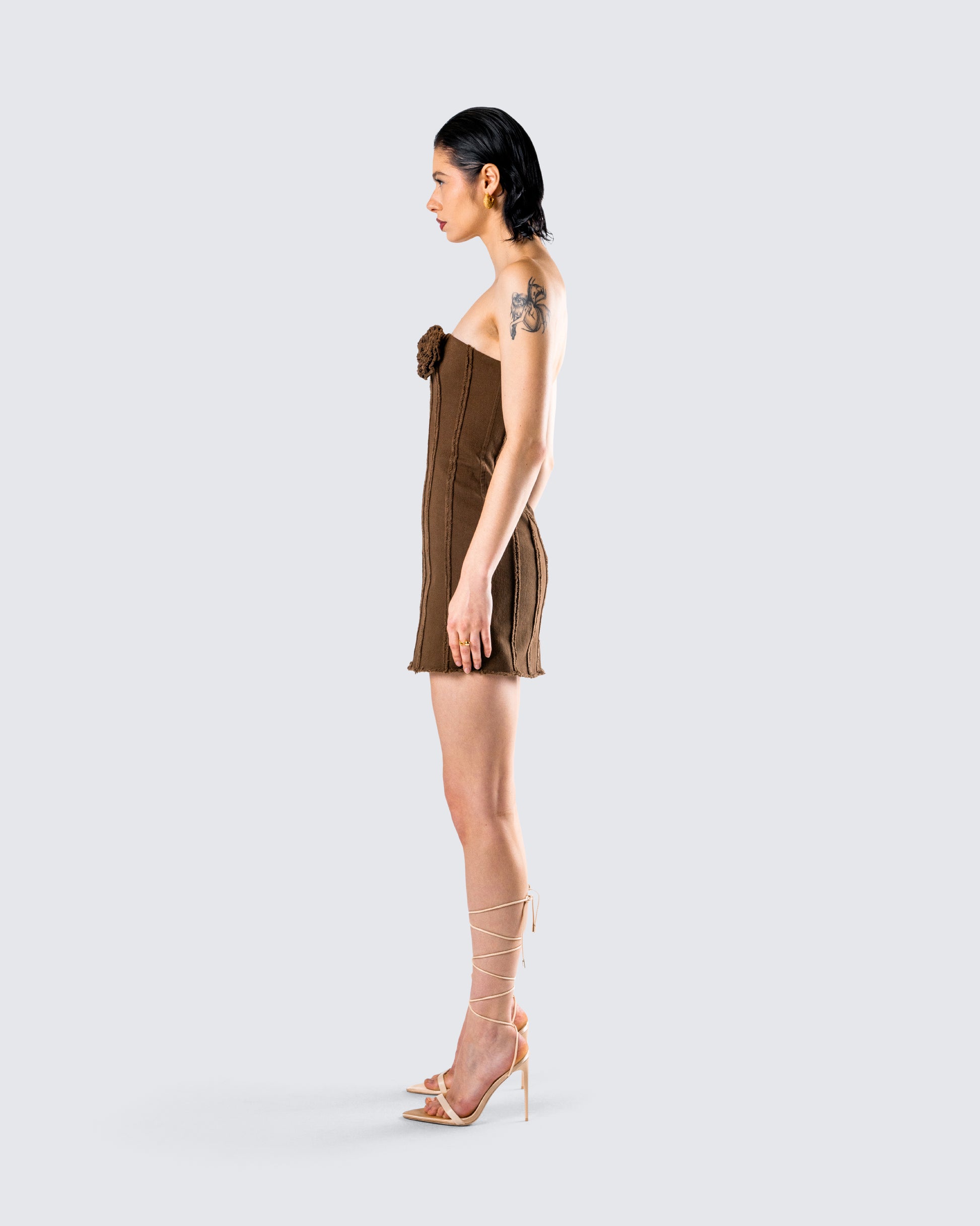 Brown Strapless Mini Dress - Textured Stripe Bodycon FINESSE Brown Strapless Mini Dress - Textured Stripe Bodycon FINESSE