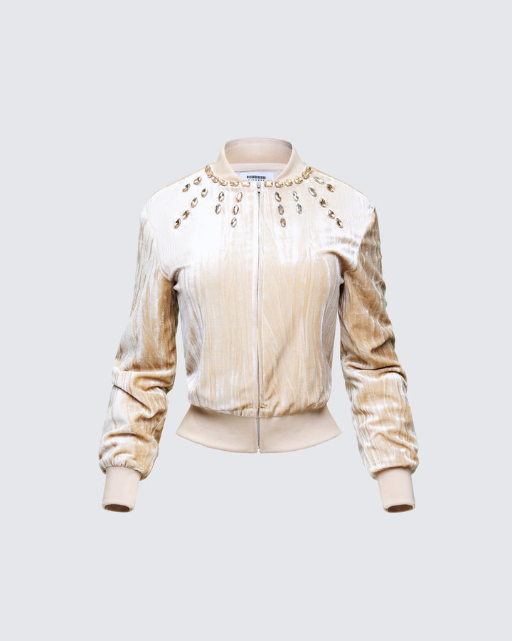 Runa Beige Velour Embellished Jacket product front