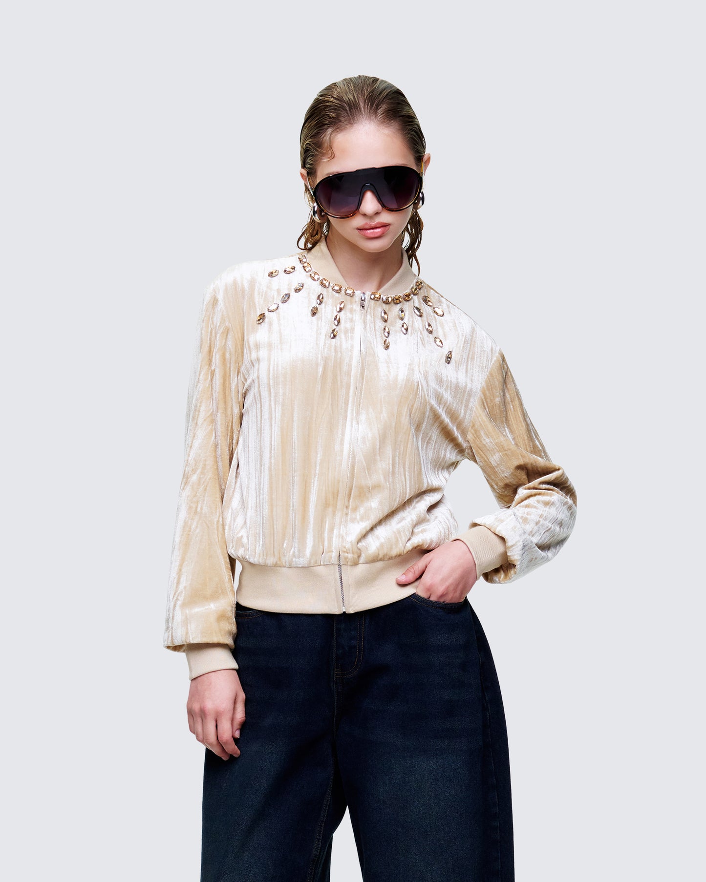 Women's beige jacket styled on model – FINESSE
