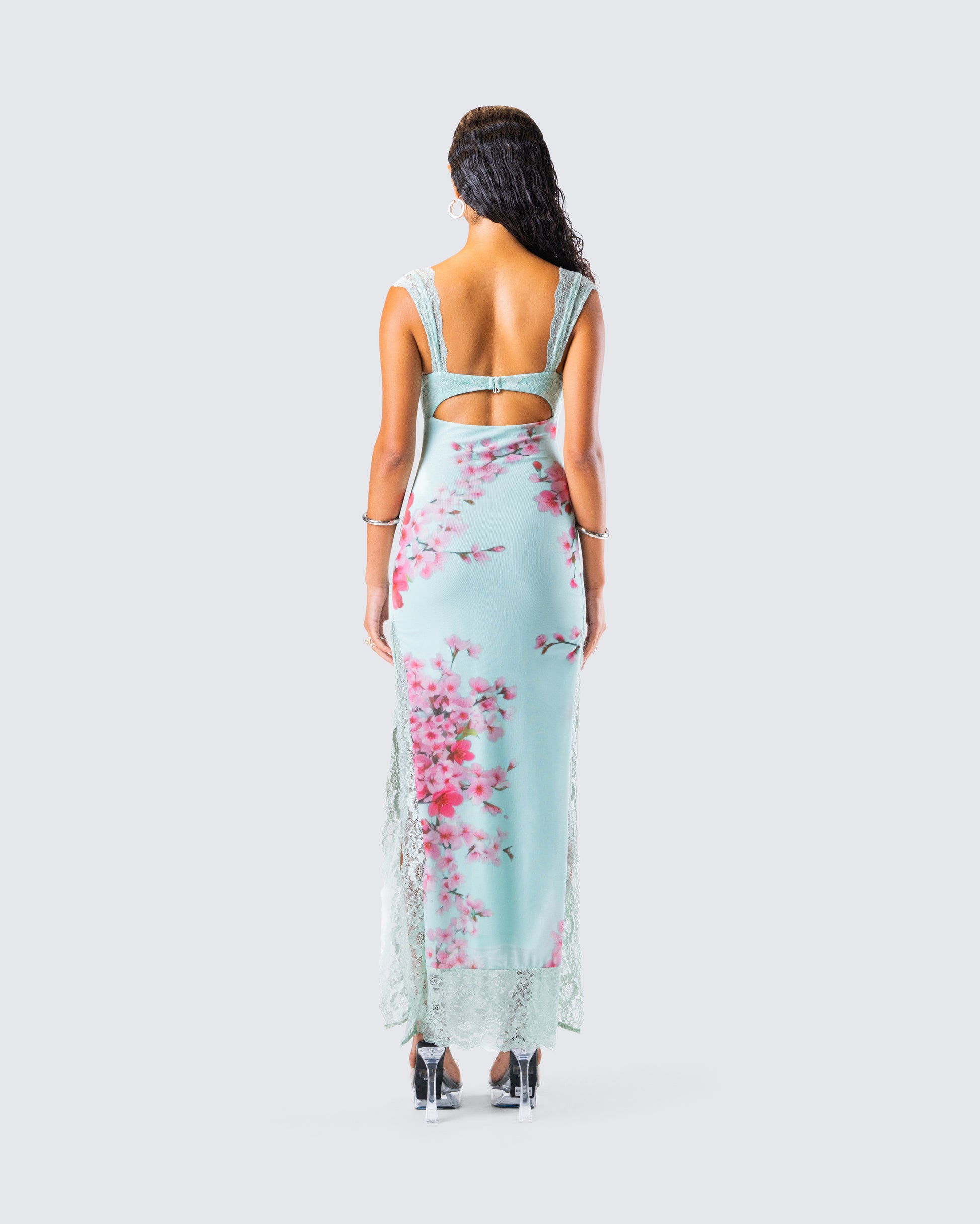 Blue Cherry Blossom Mesh Maxi Dress - Lace Bodice FINESSE Blue Cherry Blossom Mesh Maxi Dress - Lace Bodice FINESSE