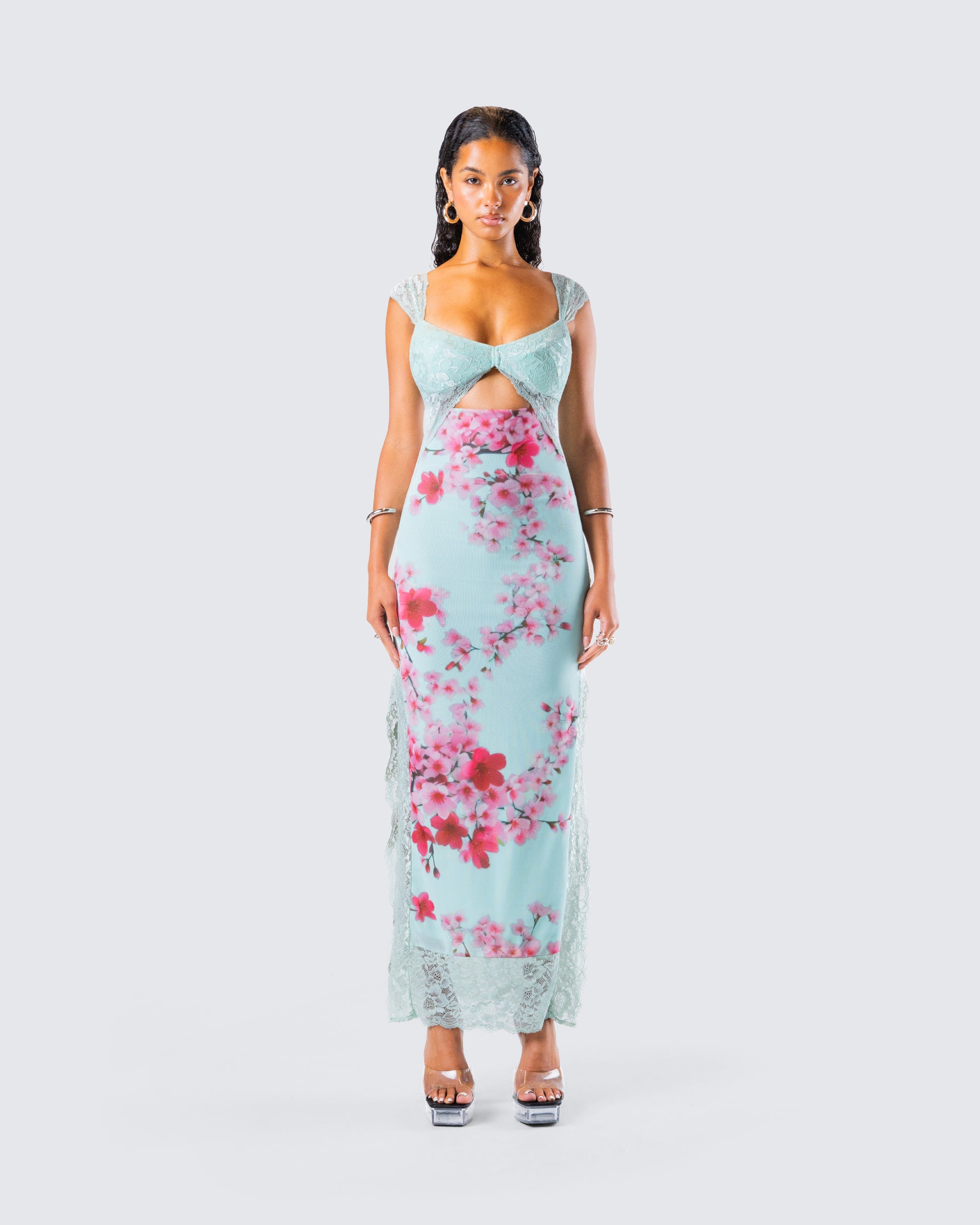 Blue Cherry Blossom Mesh Maxi Dress - Lace Bodice FINESSE Blue Cherry Blossom Mesh Maxi Dress - Lace Bodice FINESSE