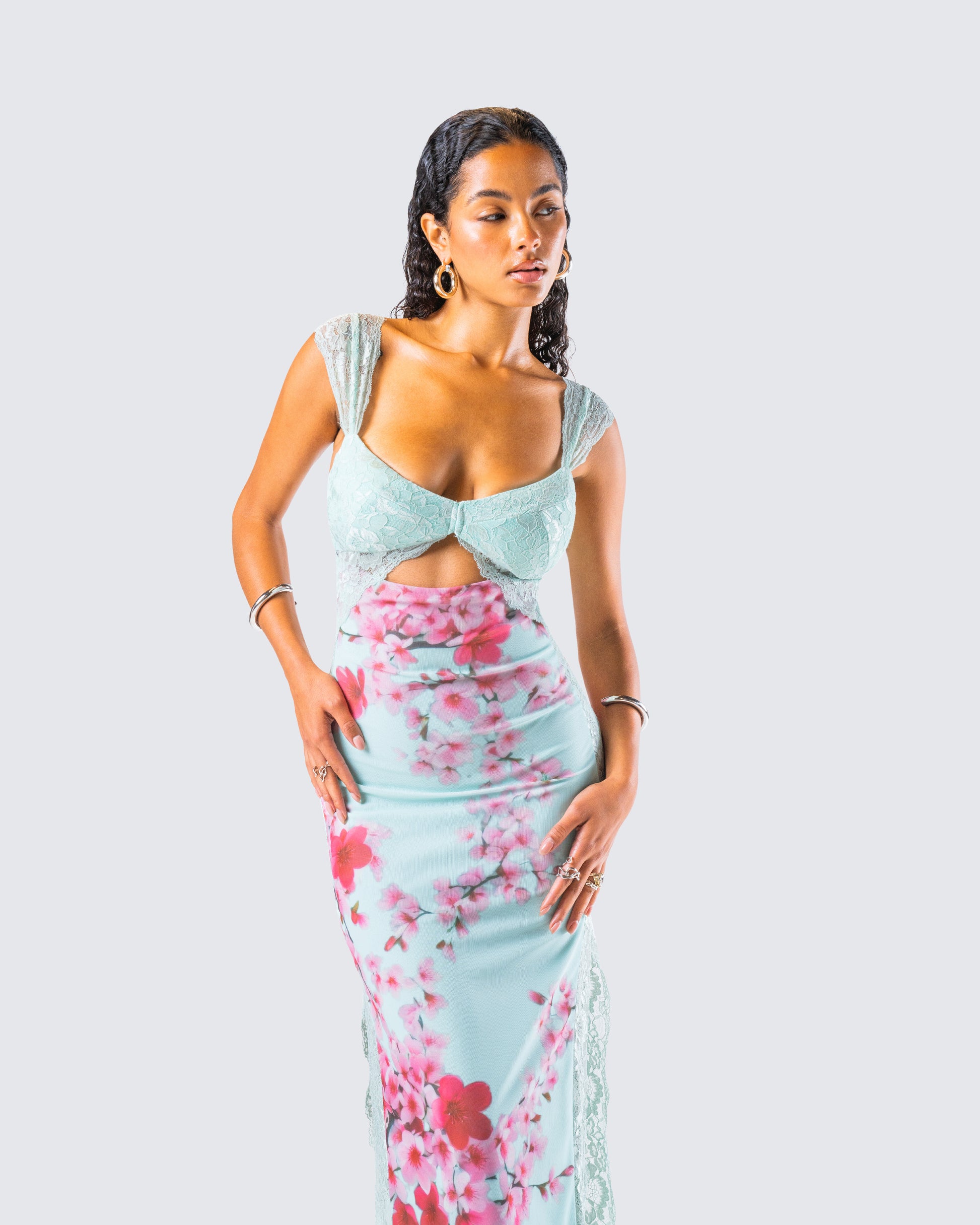 Blue Cherry Blossom Mesh Maxi Dress - Lace Bodice FINESSE Blue Cherry Blossom Mesh Maxi Dress - Lace Bodice FINESSE