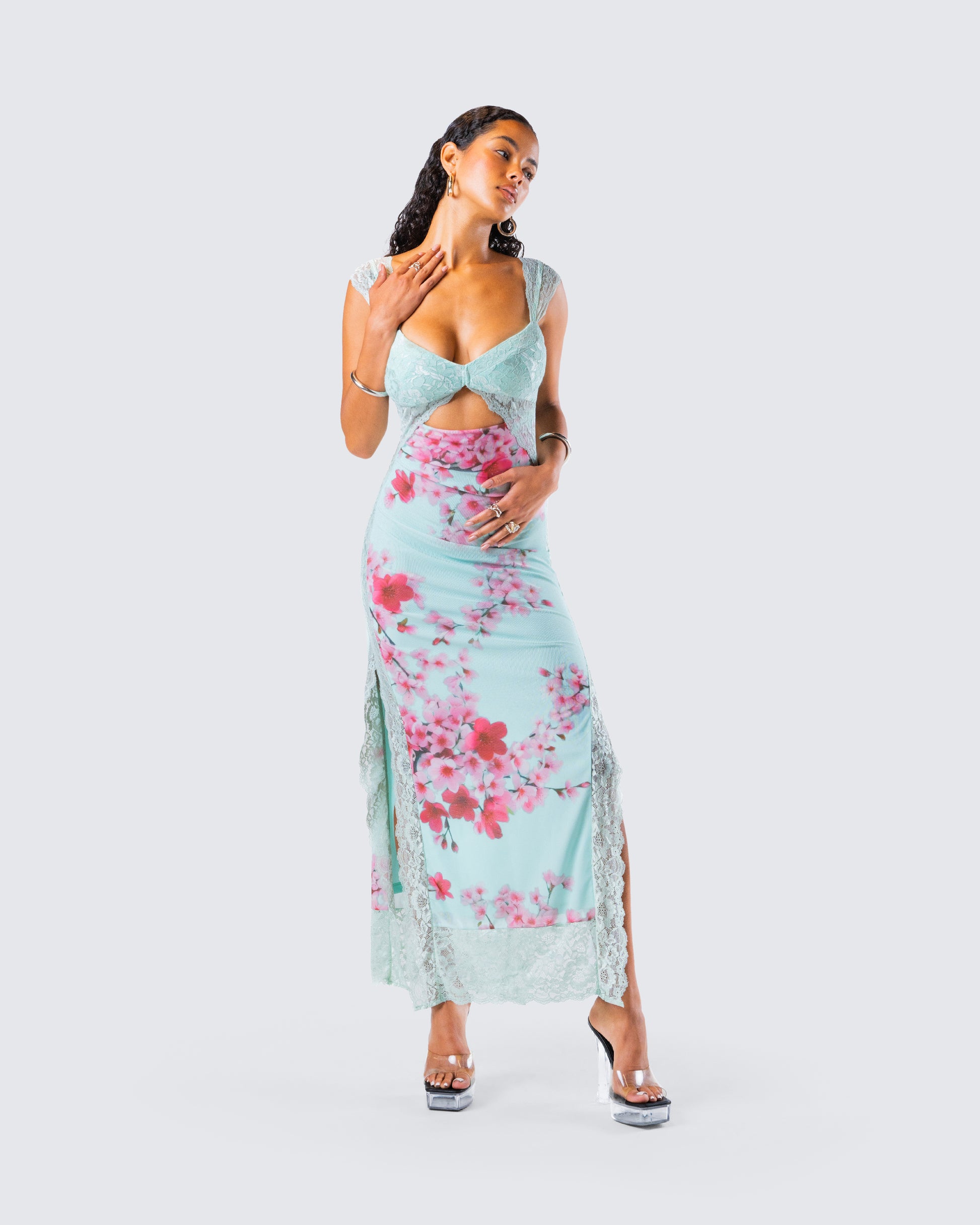 Blue Cherry Blossom Mesh Maxi Dress - Lace Bodice FINESSE Blue Cherry Blossom Mesh Maxi Dress - Lace Bodice FINESSE