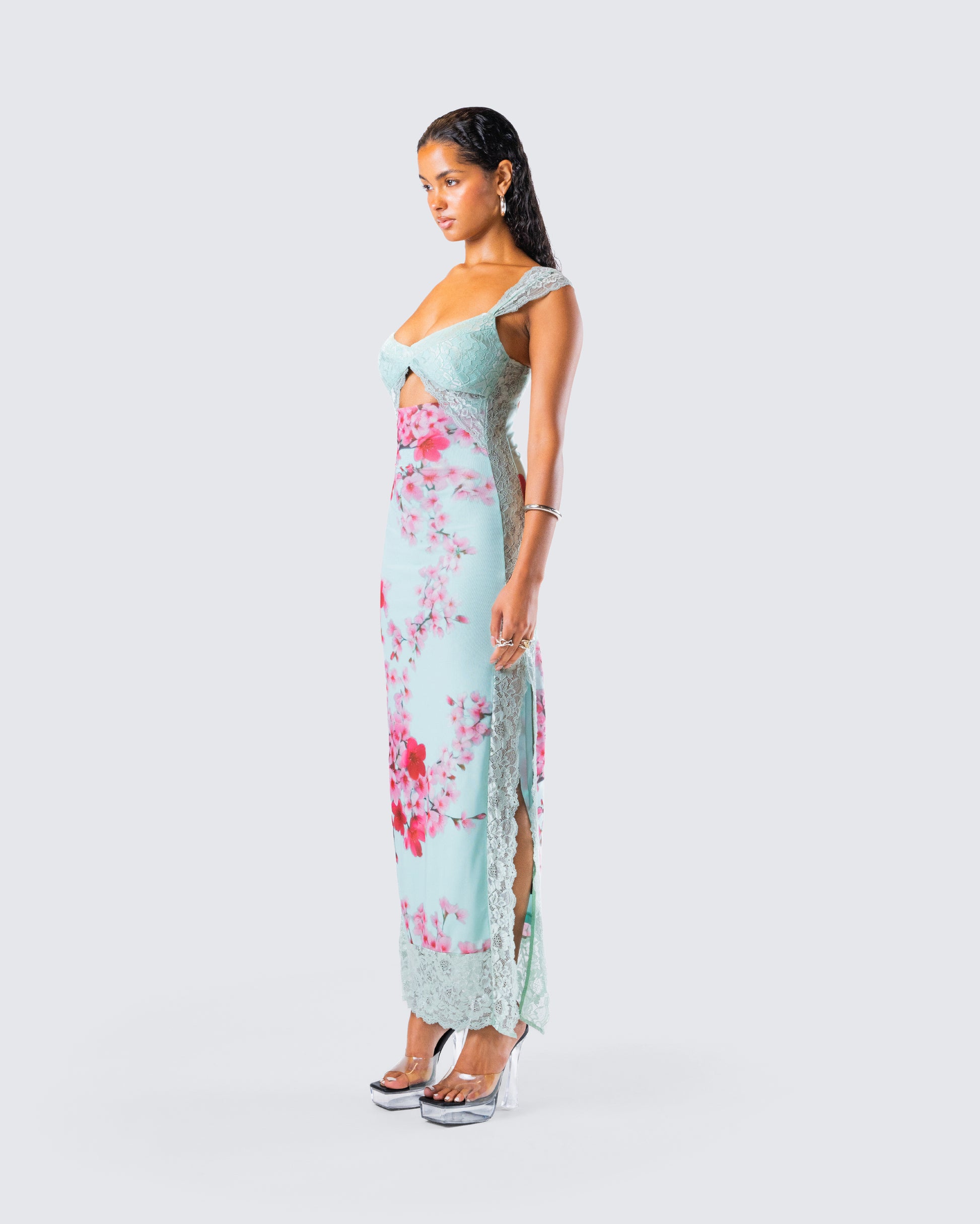 Blue Cherry Blossom Mesh Maxi Dress - Lace Bodice FINESSE Blue Cherry Blossom Mesh Maxi Dress - Lace Bodice FINESSE