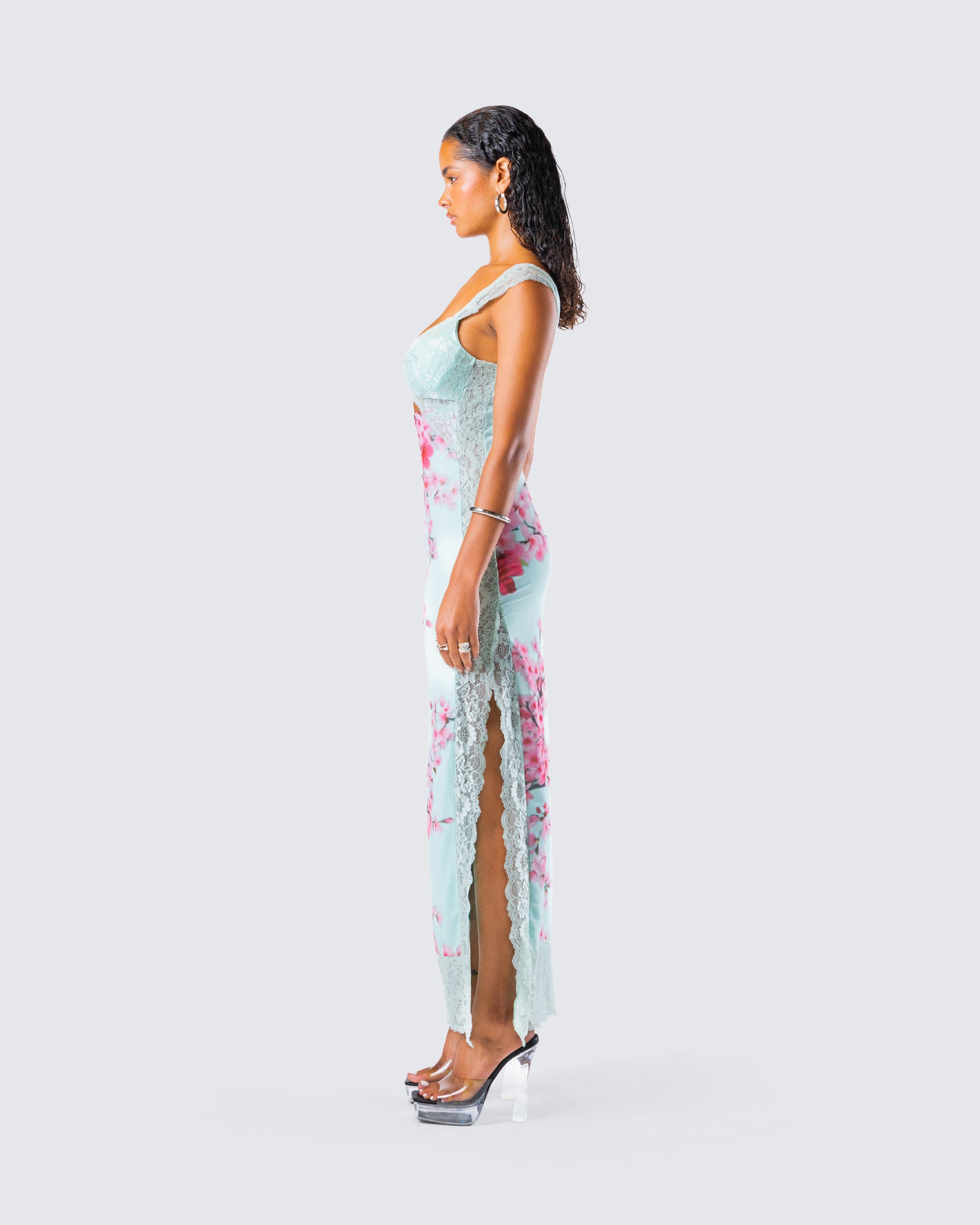 Blue Cherry Blossom Mesh Maxi Dress - Lace Bodice FINESSE Blue Cherry Blossom Mesh Maxi Dress - Lace Bodice FINESSE