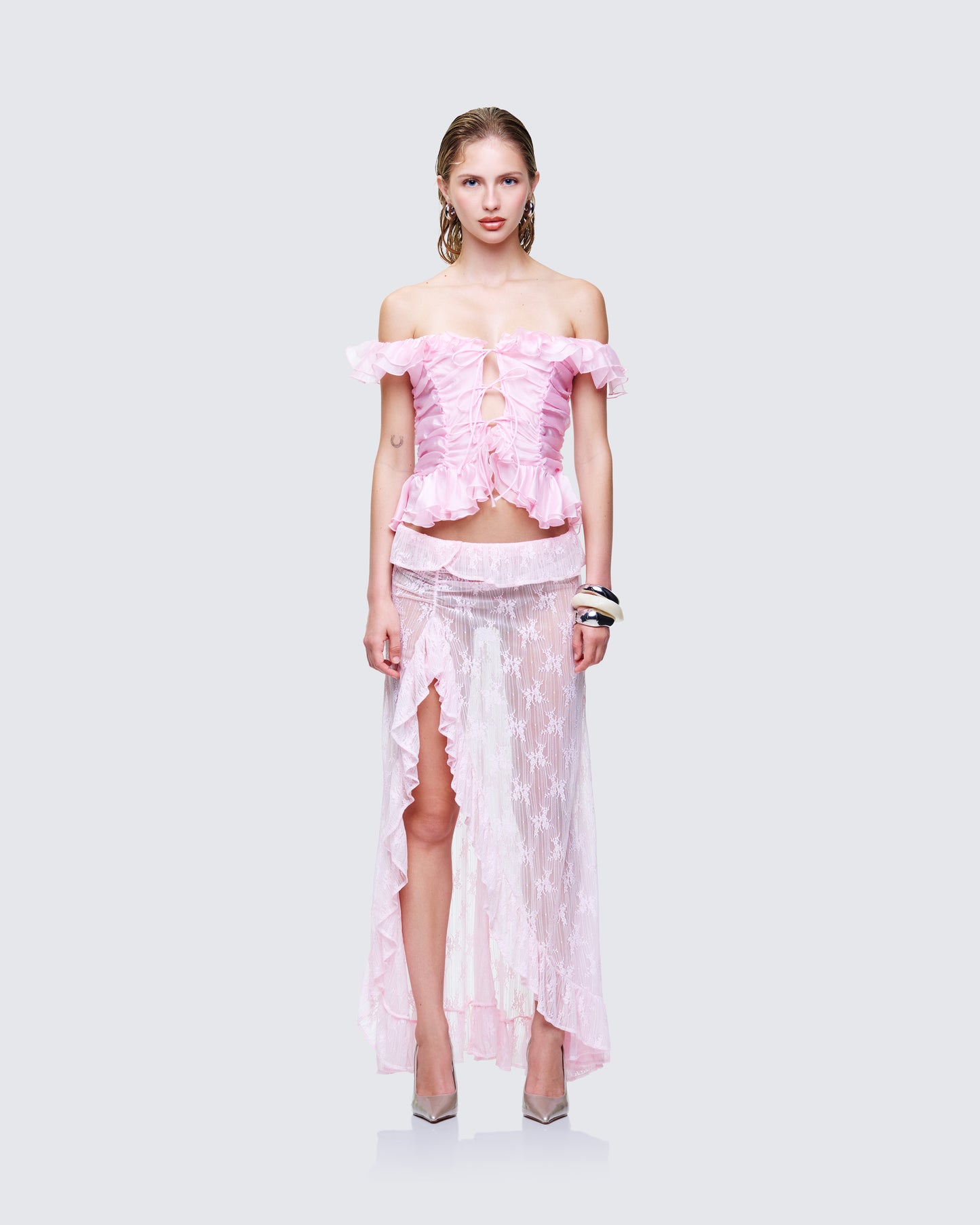 Women's blush matching set styled on model – FINESSE