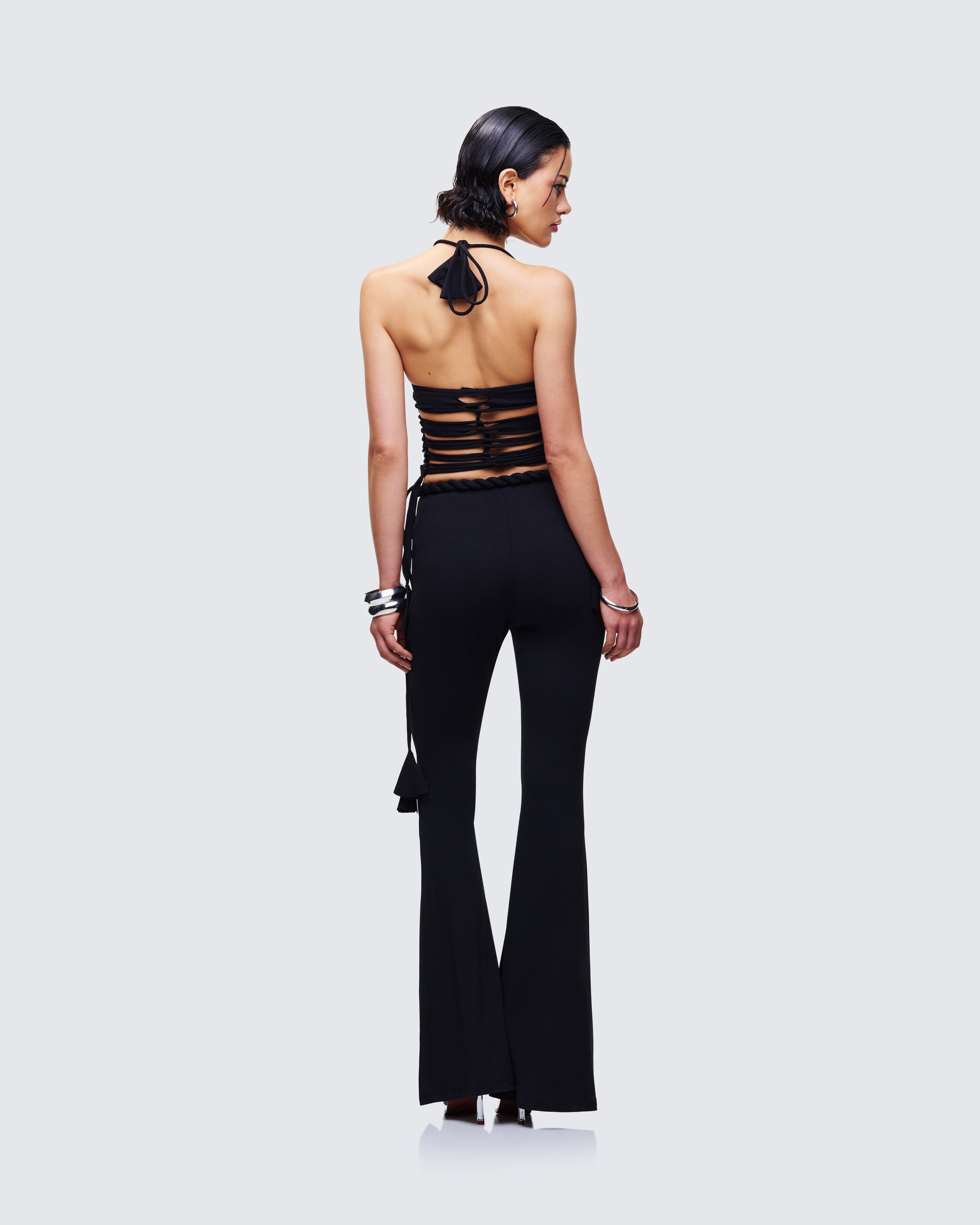 Black Jersey Knot Top & Wide Leg Pant Set with Platform Mules