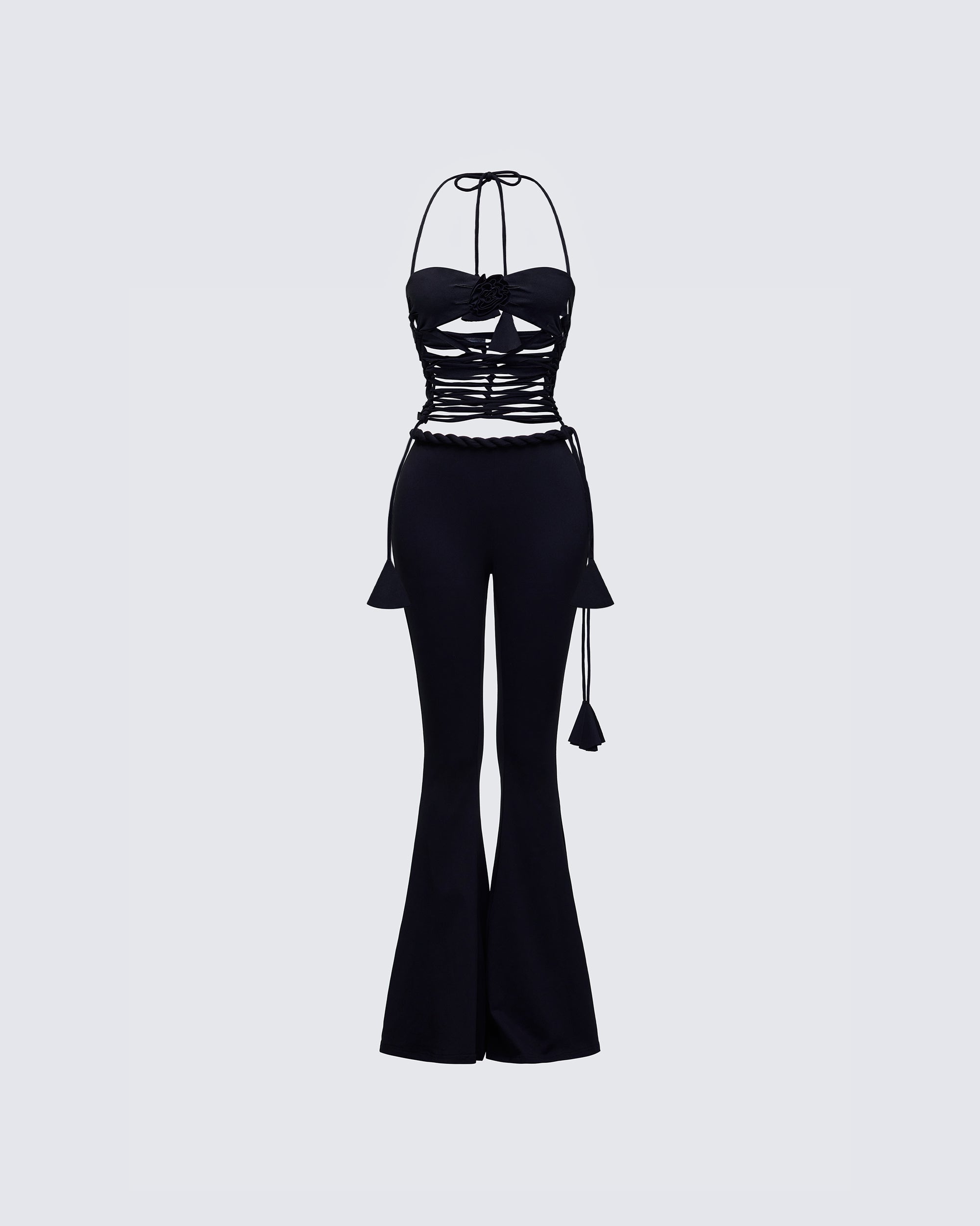 Black Jersey Knot Top & Wide Leg Pant Set with Platform Mules