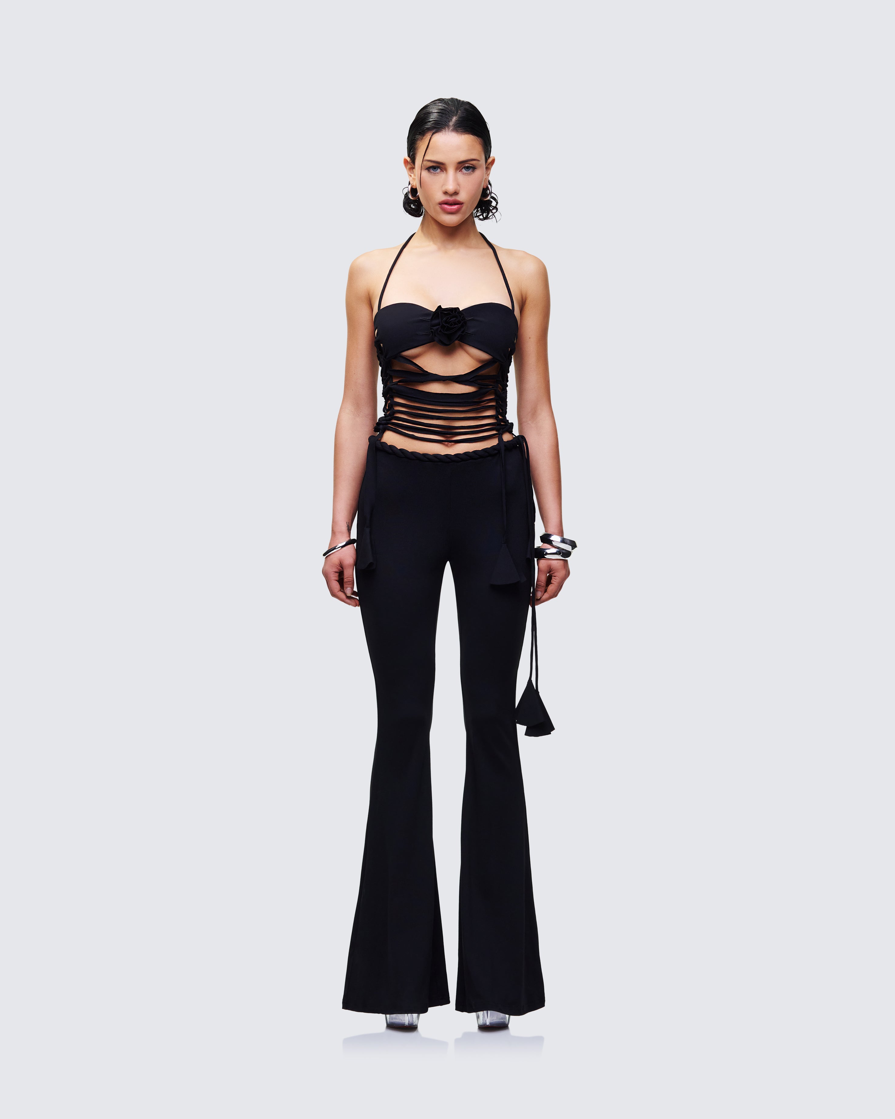 Black Jersey Knot Top & Wide Leg Pant Set with Platform Mules