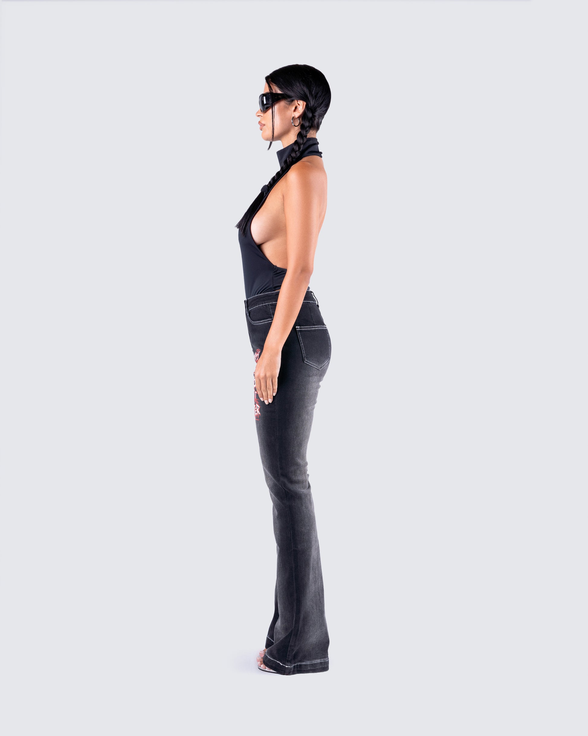 Black Halter Jumpsuit - Backless Bodysuit + Flare Jeans FINESSE Black Halter Jumpsuit - Backless Bodysuit + Flare Jeans FINESSE
