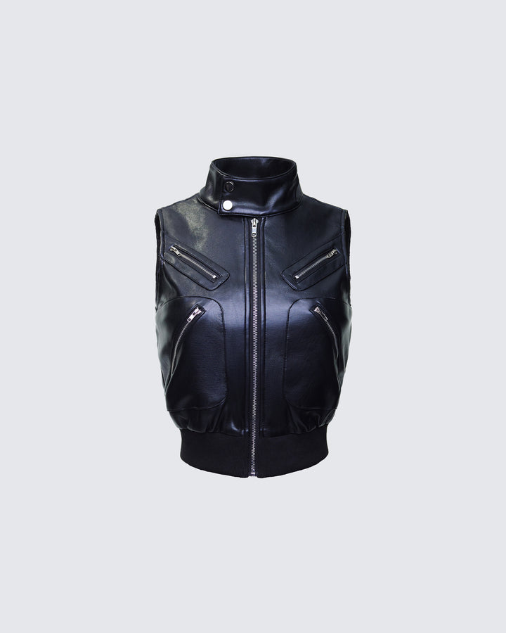 Salma Black Vegan Leather Vest Jacket product front