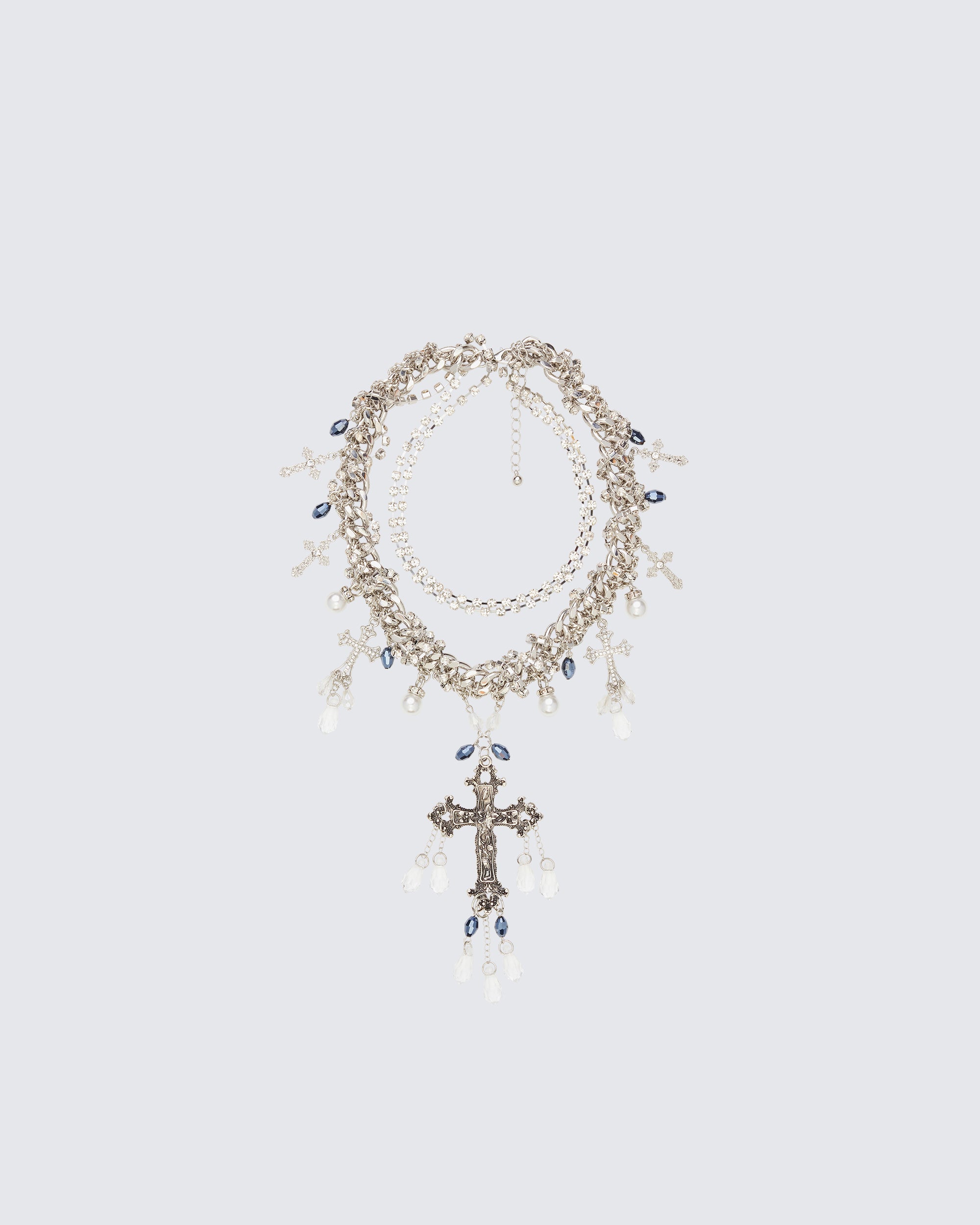 Silver Layered Cross Necklace - Pearl Chain Statement – FINESSE