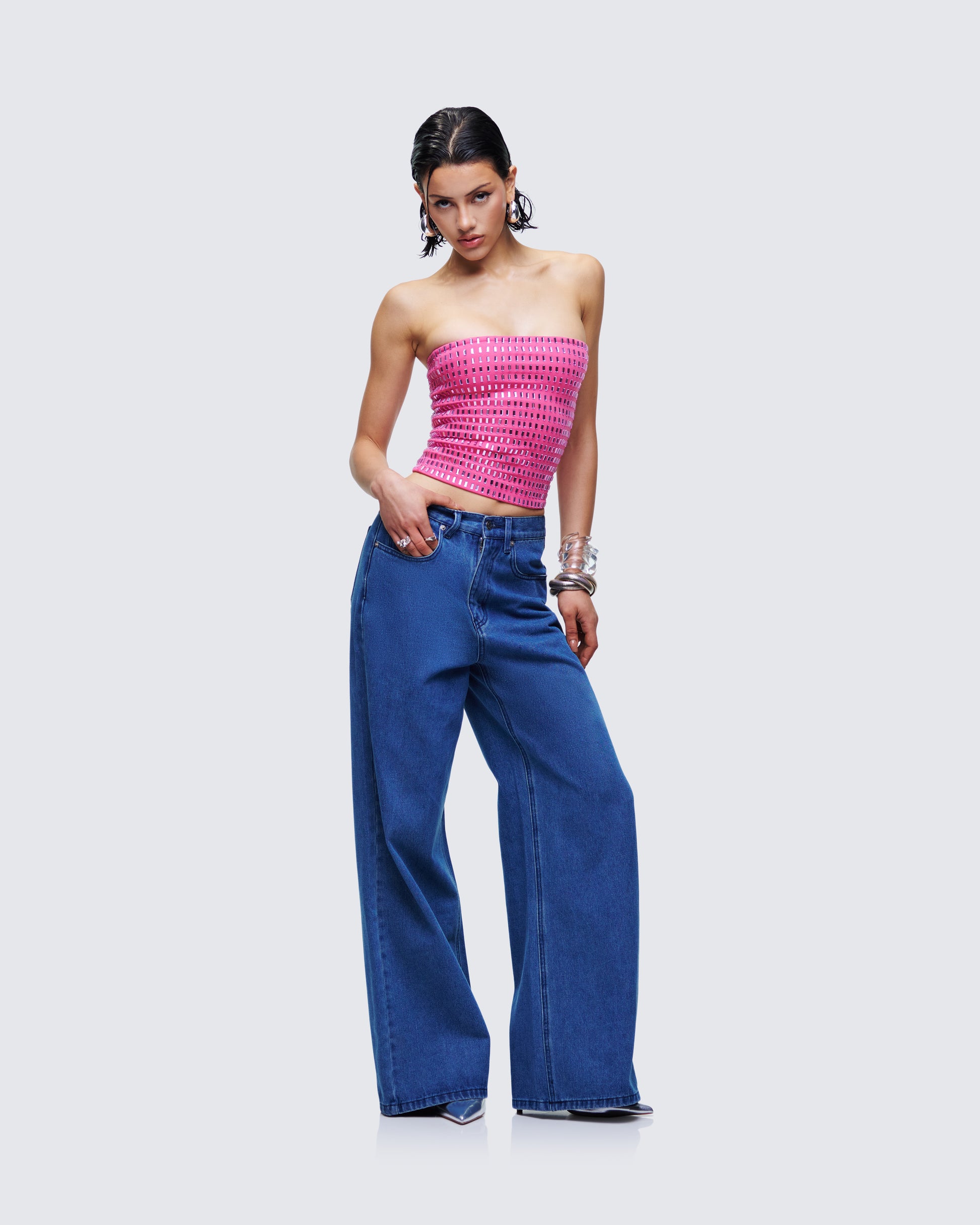 Blue Wide Leg Jeans - High Rise Denim Pants FINESSE Blue Wide Leg Jeans - High Rise Denim Pants FINESSE