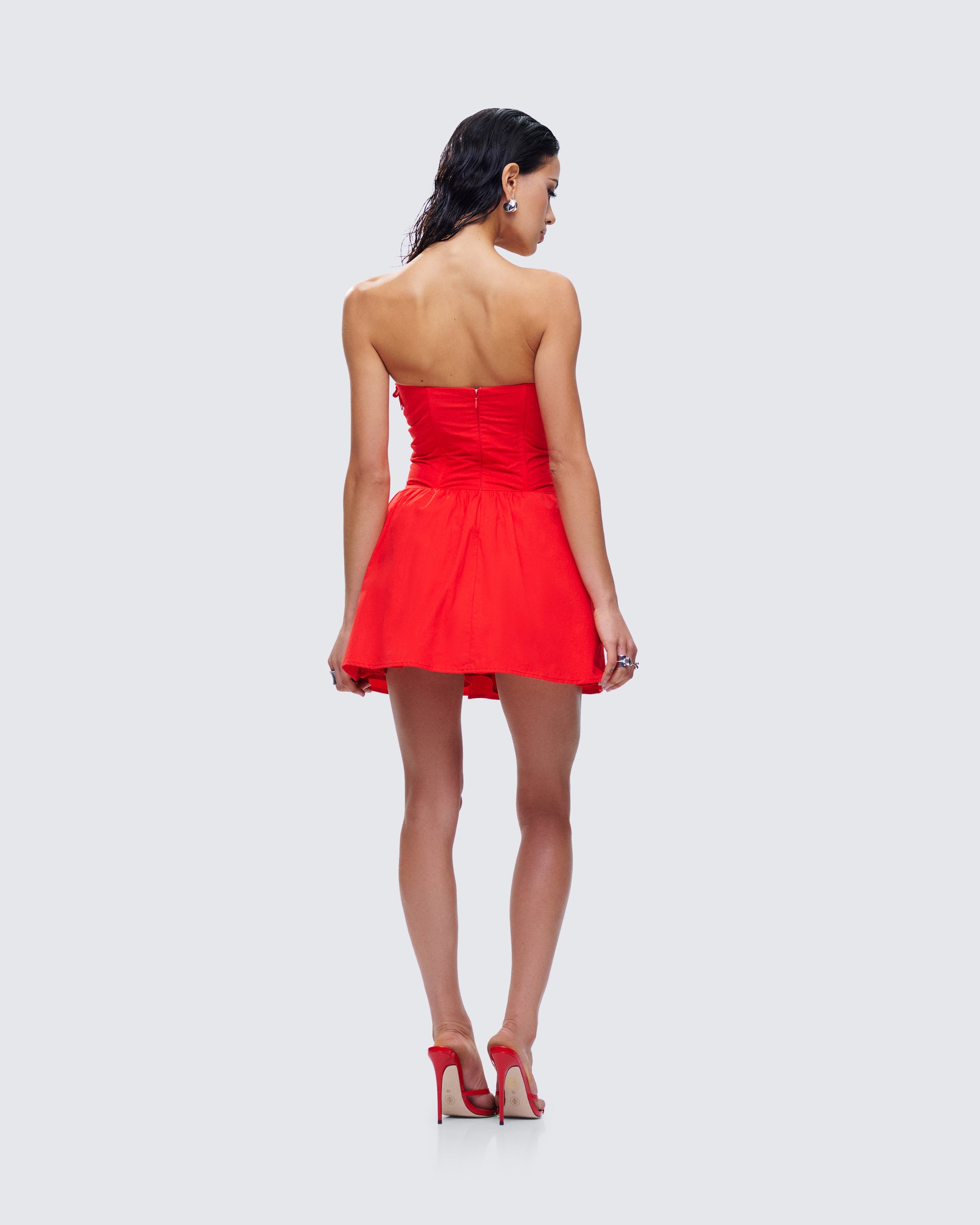 Red Lace Mini Dress - Strapless Flared Party Dress FINESSE Red Lace Mini Dress - Strapless Flared Party Dress FINESSE