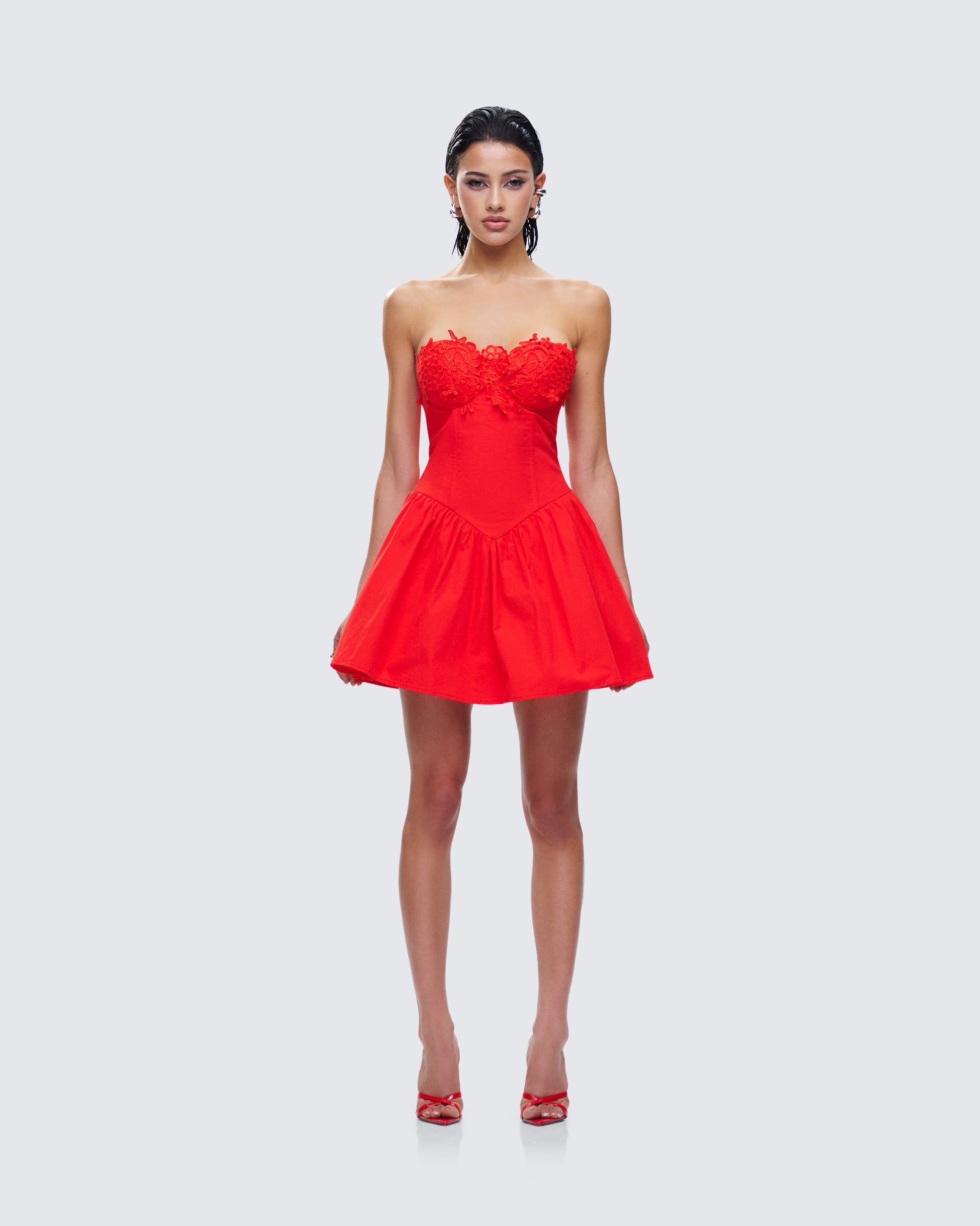 Red Lace Mini Dress - Strapless Flared Party Dress FINESSE Red Lace Mini Dress - Strapless Flared Party Dress FINESSE