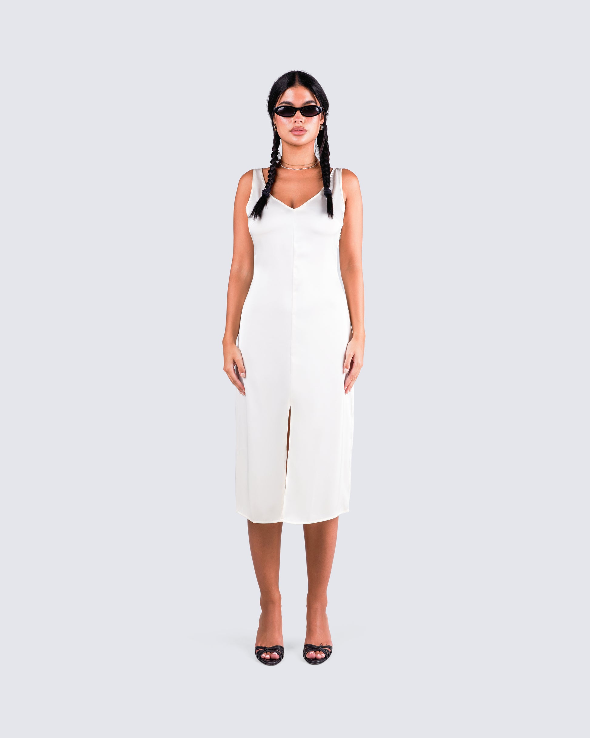 White Satin Midi Dress - V-Neck Slip with Front Slit FINESSE White Satin Midi Dress - V-Neck Slip with Front Slit FINESSE