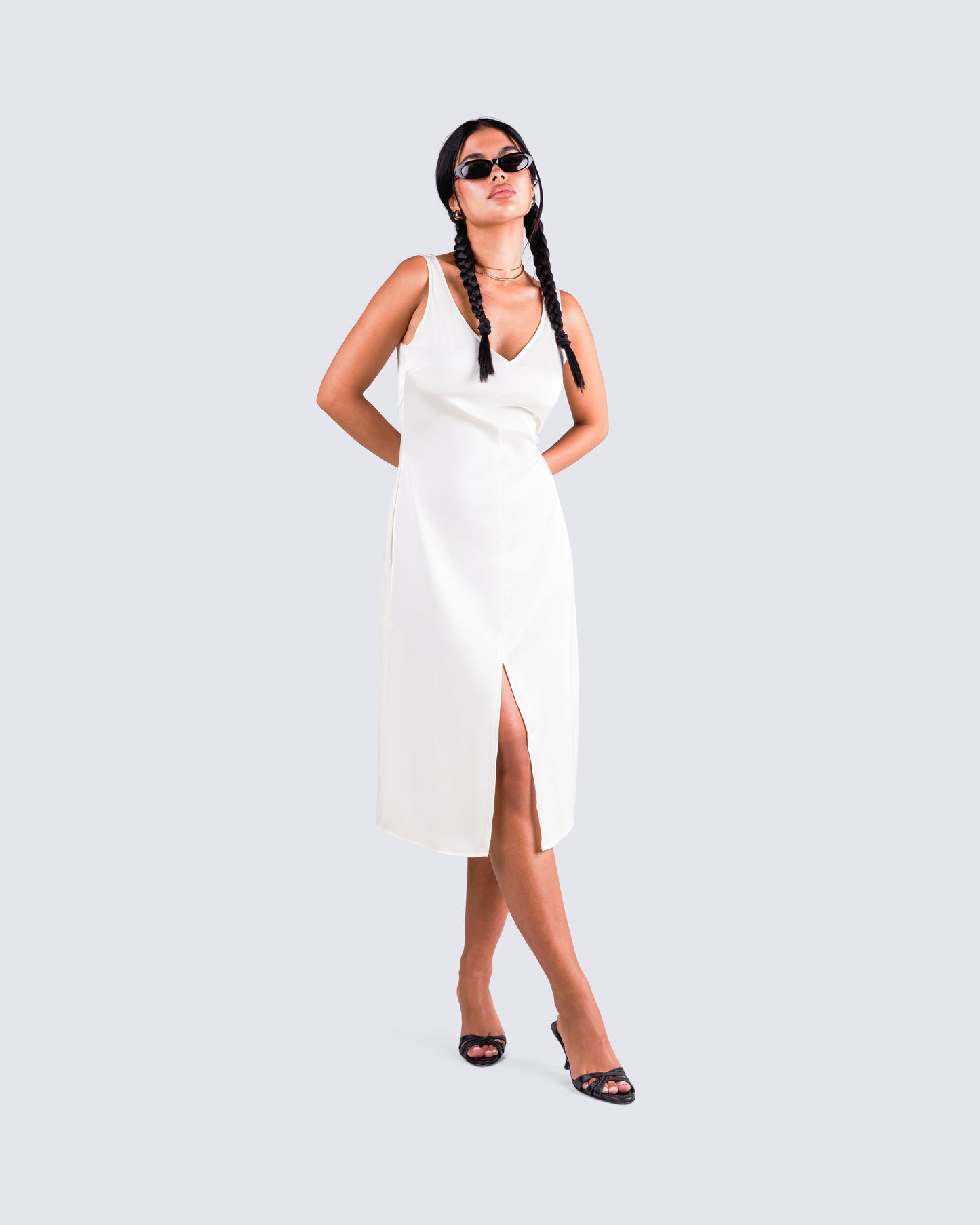 Saskia White Satin Slit Midi Dress