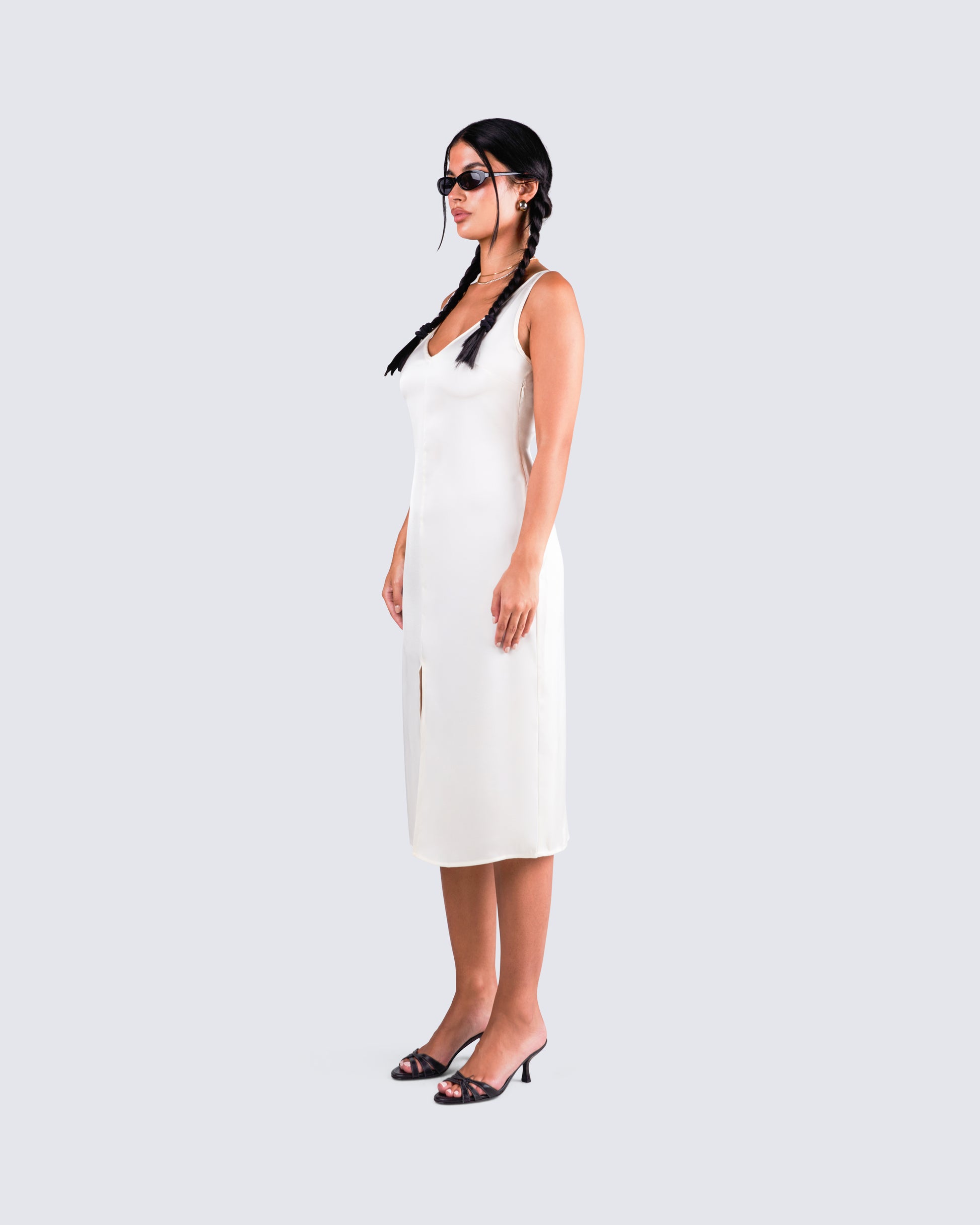 White Satin Midi Dress - V-Neck Slip with Front Slit FINESSE White Satin Midi Dress - V-Neck Slip with Front Slit FINESSE