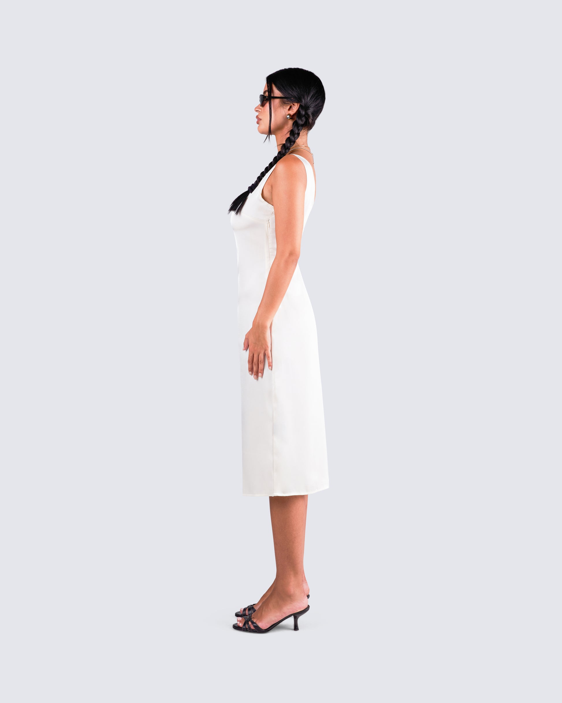White Satin Midi Dress - V-Neck Slip with Front Slit FINESSE White Satin Midi Dress - V-Neck Slip with Front Slit FINESSE