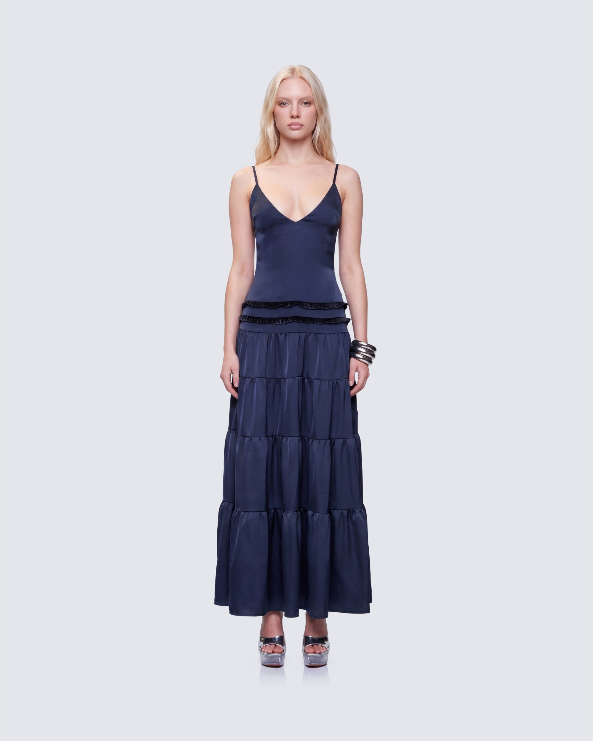 Savanna Navy Backless Satin Maxi Dress model front
