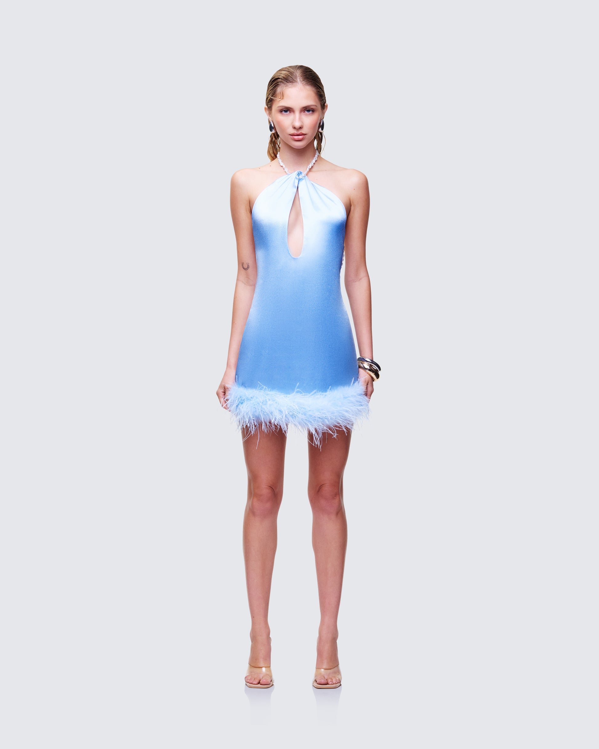 Blue Feather Trim Mini Dress - Halter Neck Party Dress FINESSE Blue Feather Trim Mini Dress - Halter Neck Party Dress FINESSE