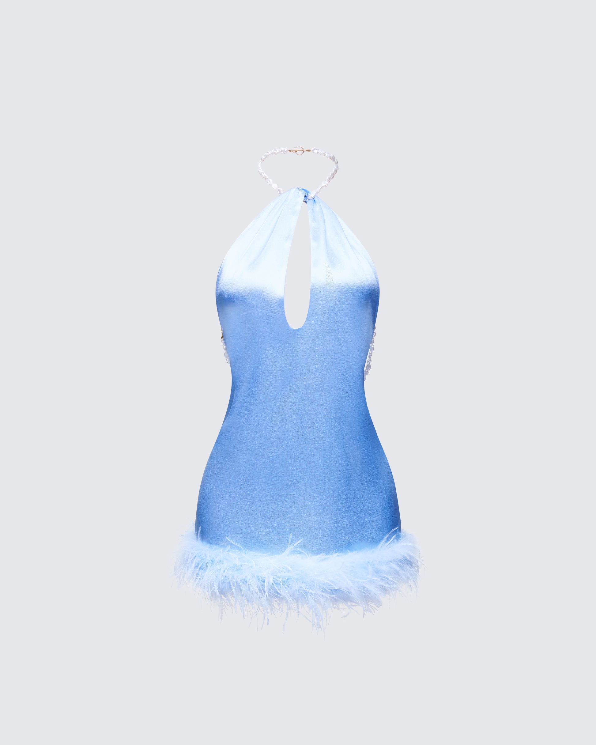 Blue Feather Trim Mini Dress - Halter Neck Party Dress FINESSE Blue Feather Trim Mini Dress - Halter Neck Party Dress FINESSE