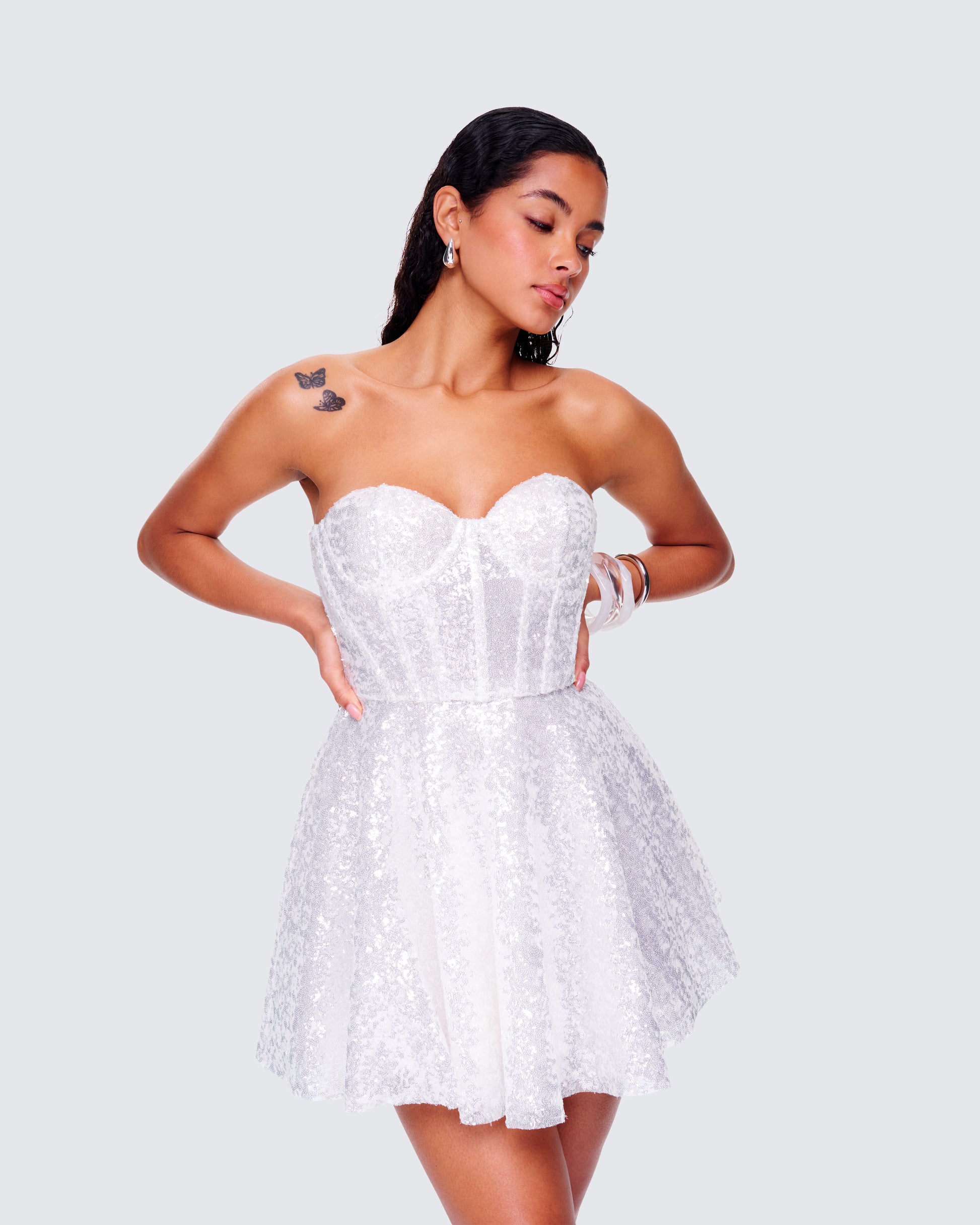 Silver Sequin Corset Mini Dress - Strapless Party FINESSE Silver Sequin Corset Mini Dress - Strapless Party FINESSE