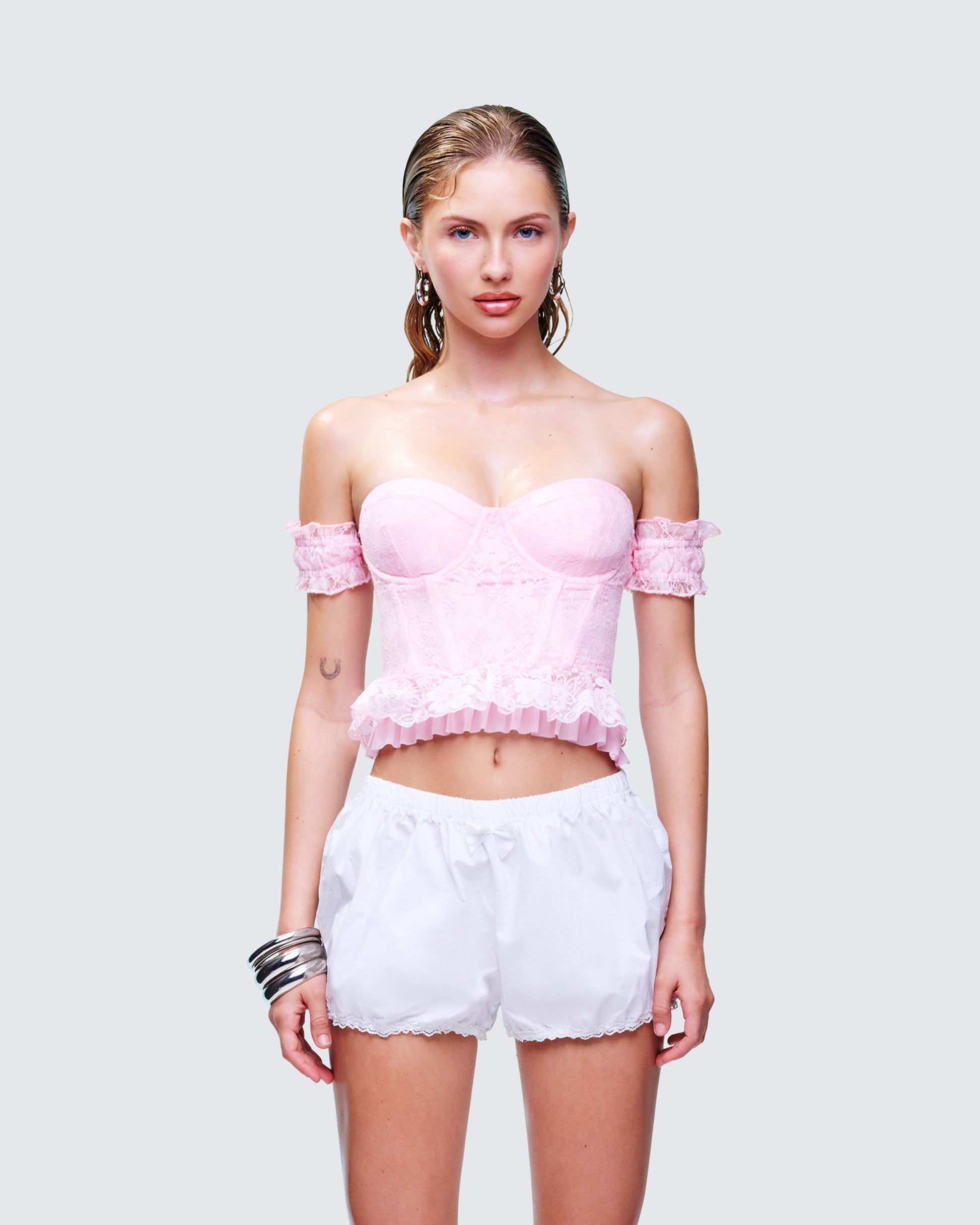 Senara Pink Corset Ruffle Top model front