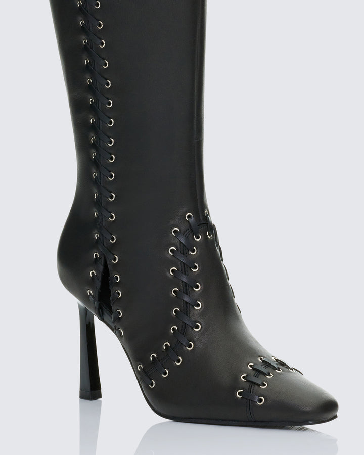 Shanaya Black Leather Whip Stitch Boot