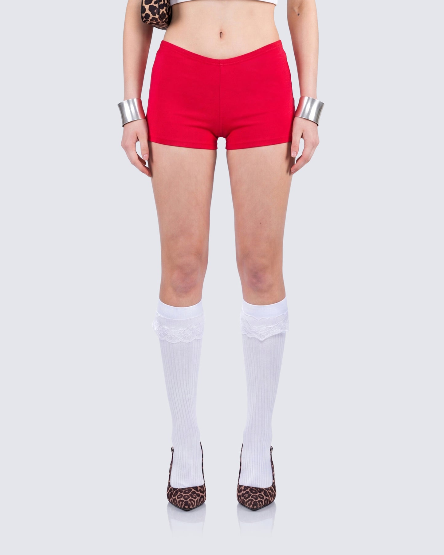 Shemoi Red Jersey Micro Shorts model front