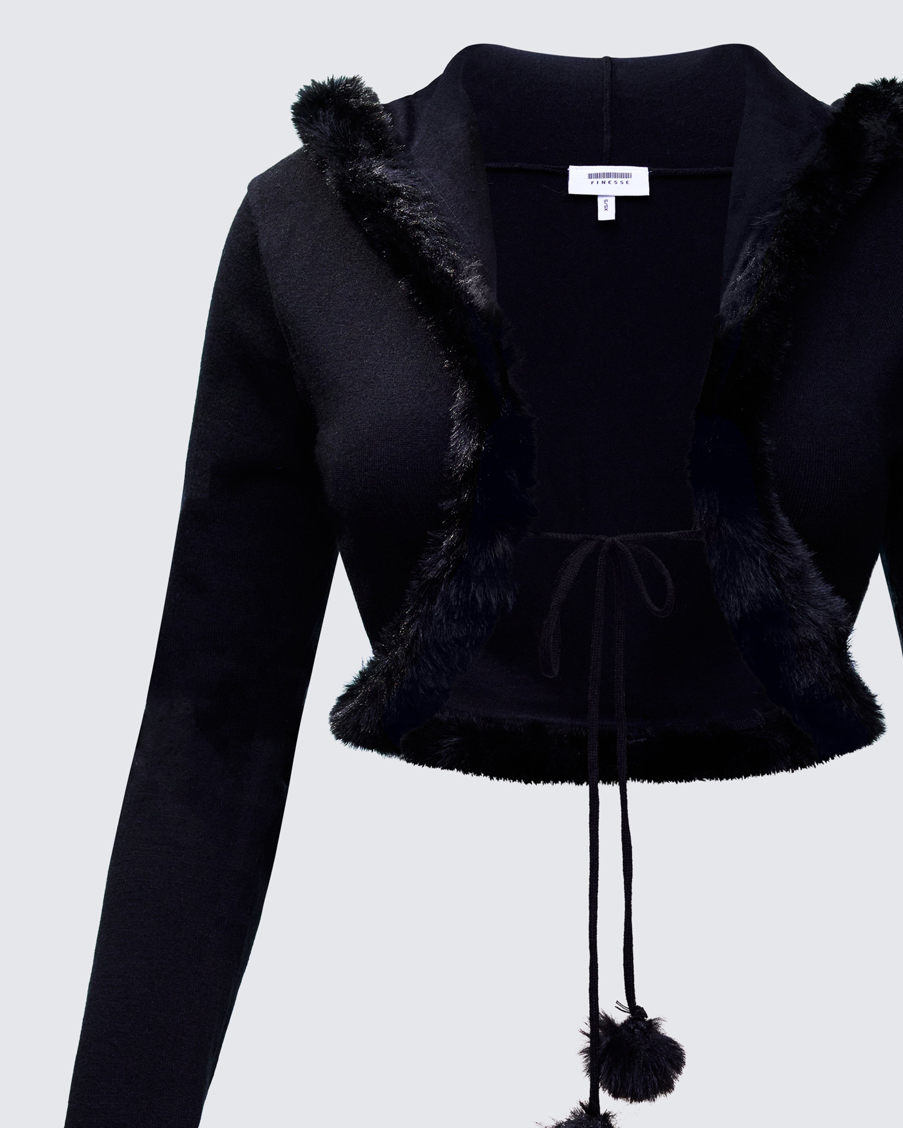 Black Fur Trim Cardigan - Cropped Bow Tie Sweater – FINESSE