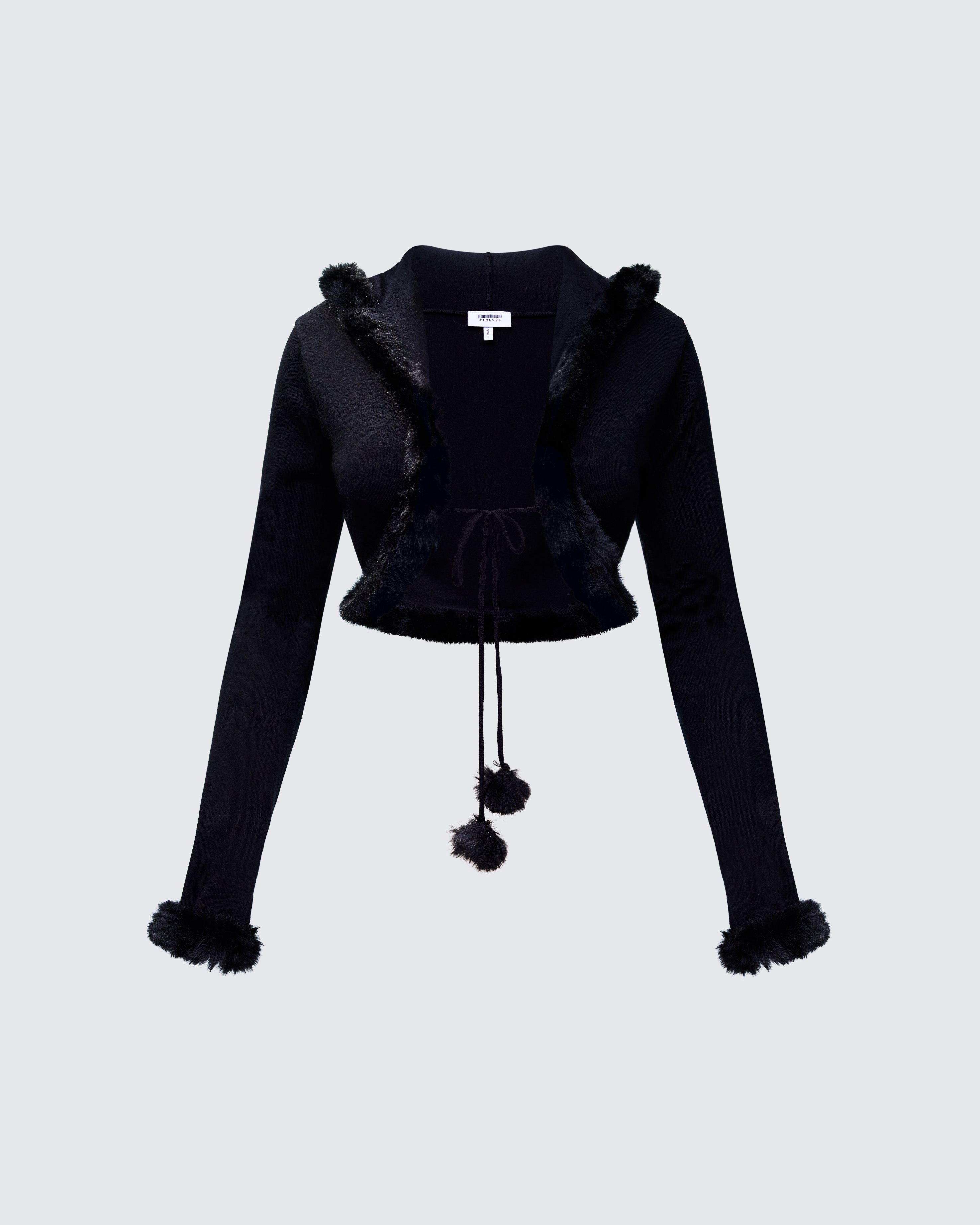 Black Fur Trim Cardigan - Cropped Bow Tie Sweater – FINESSE