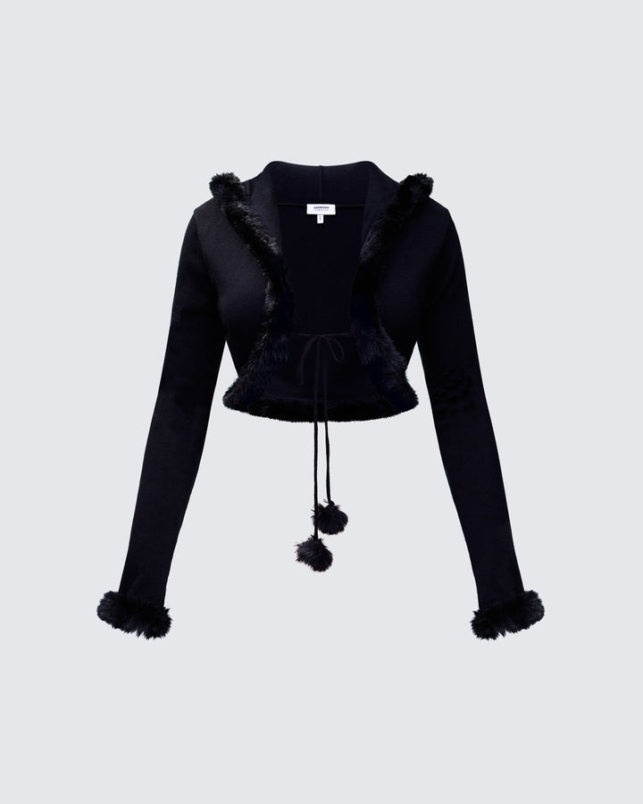 Shoshana Black Fur Trimmed Bow Tied Cardigan product front