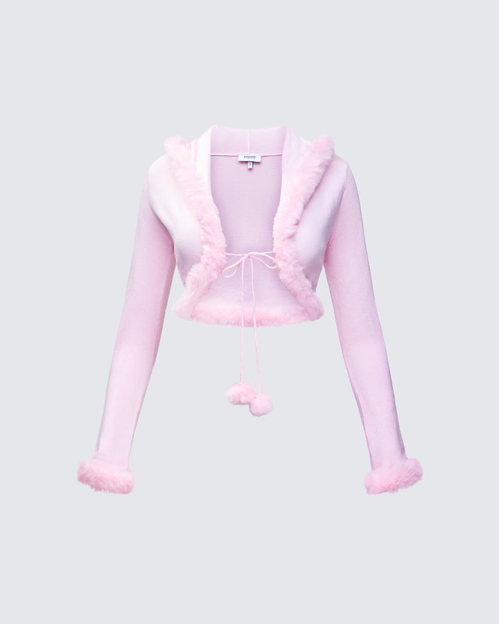 Shoshana pink cropped cardigan, front flat lay, fur-trimmed hood, hem and cuffs with a pom-pom tie front