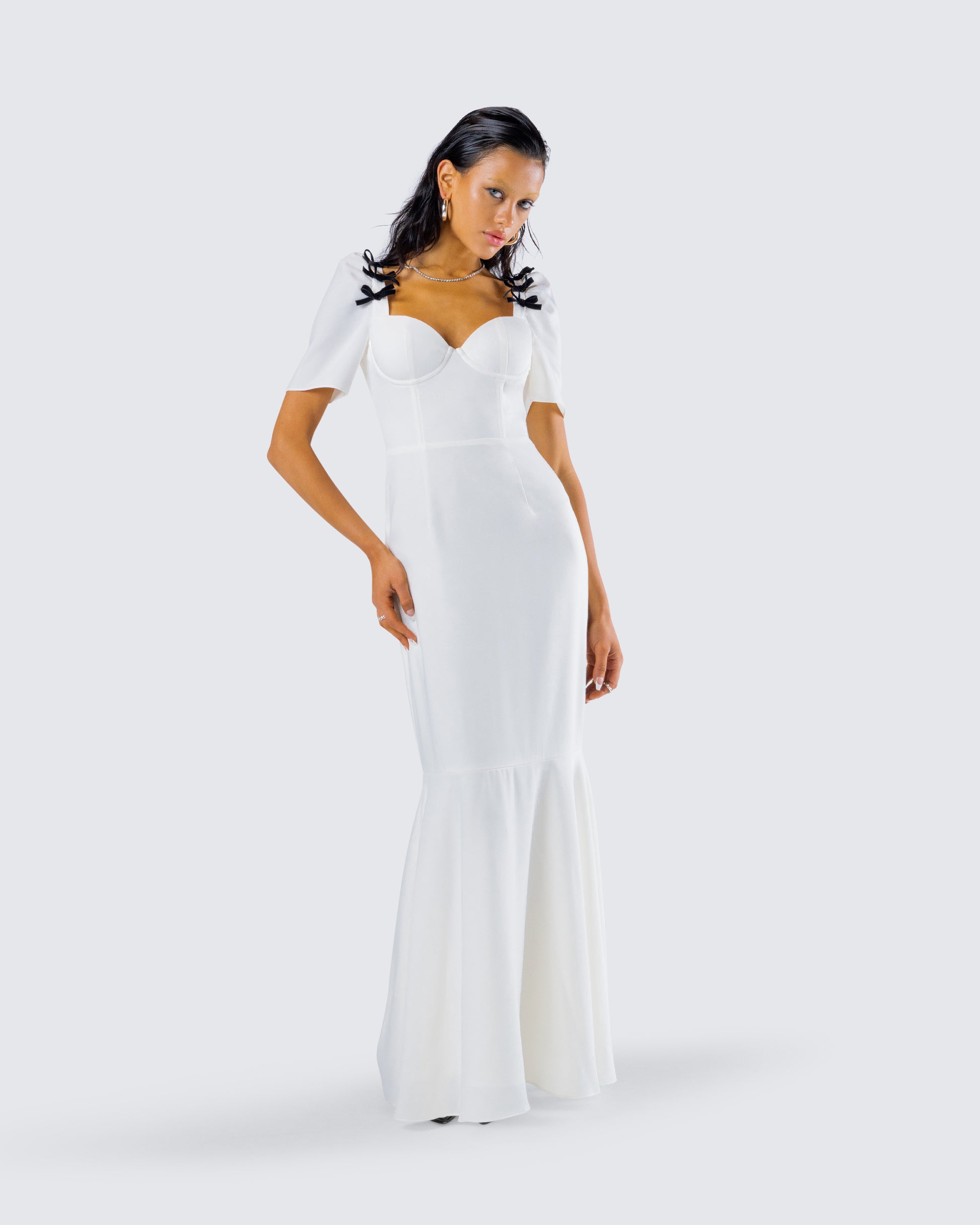 white maxi mermaid dress WEDTREND Women Mermaid White Wedding Dress Ruffle Sleeves Maxi Bridal Dress with Slit, White / US26W