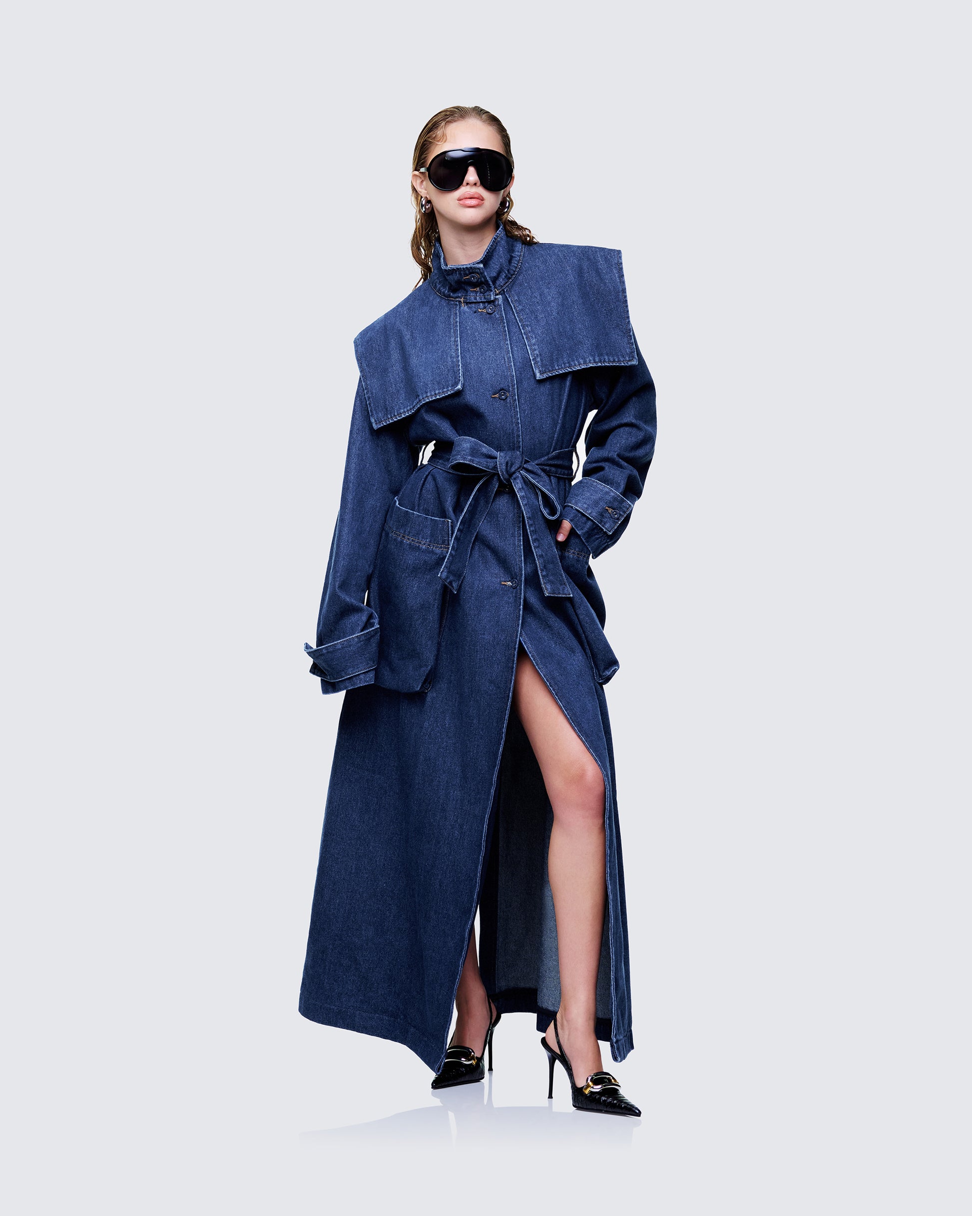 Women's blue cotton outerwear styled on model – FINESSE
