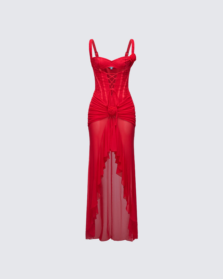Solana Red Lace and Mesh Maxi Dress product front