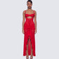 Solana Red Lace and Mesh Maxi Dress model front