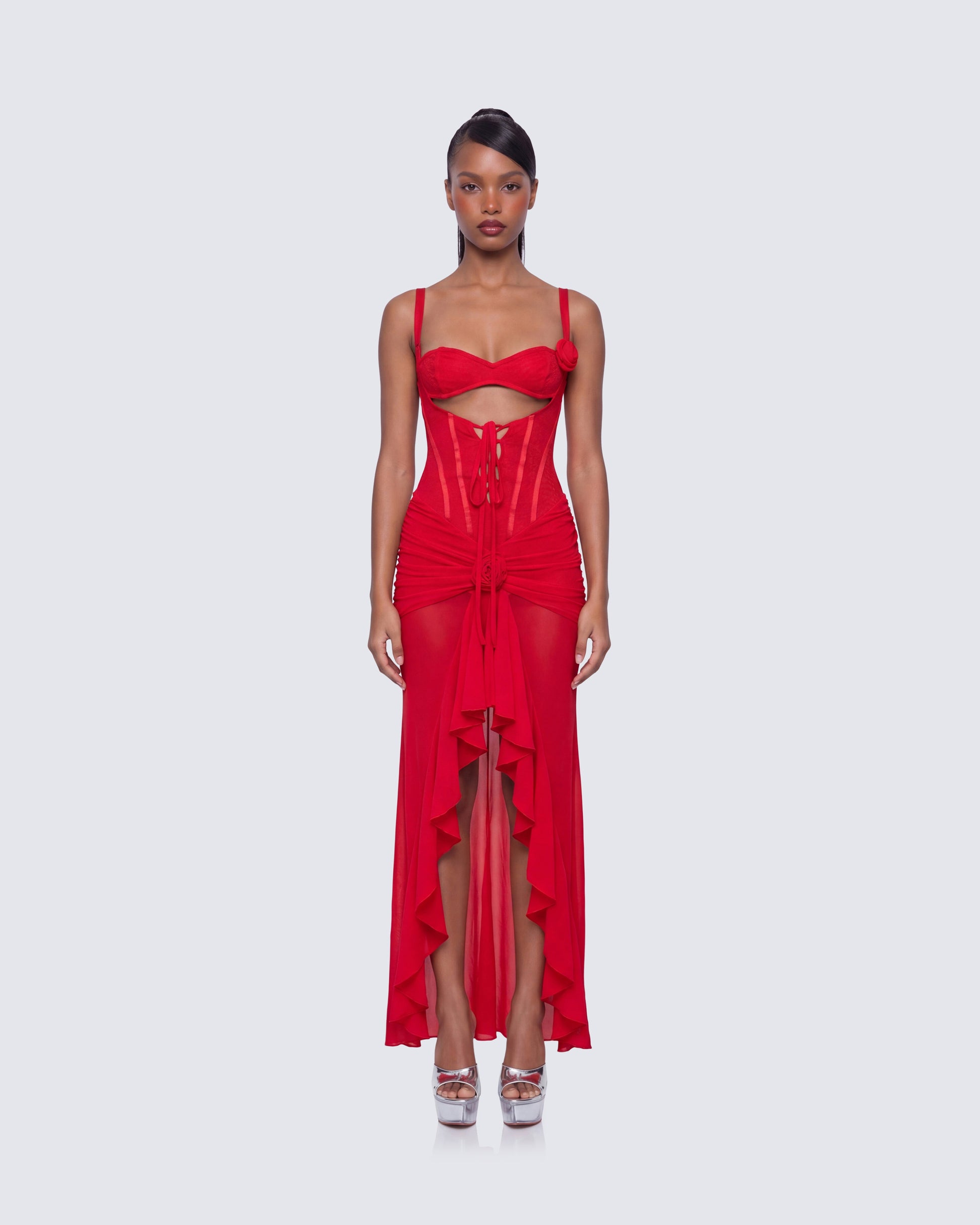 Solana Red Lace and Mesh Maxi Dress model front