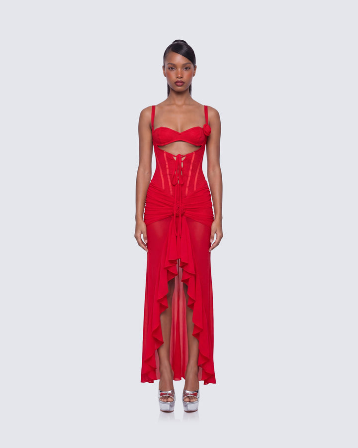 Solana Red Lace and Mesh Maxi Dress model front
