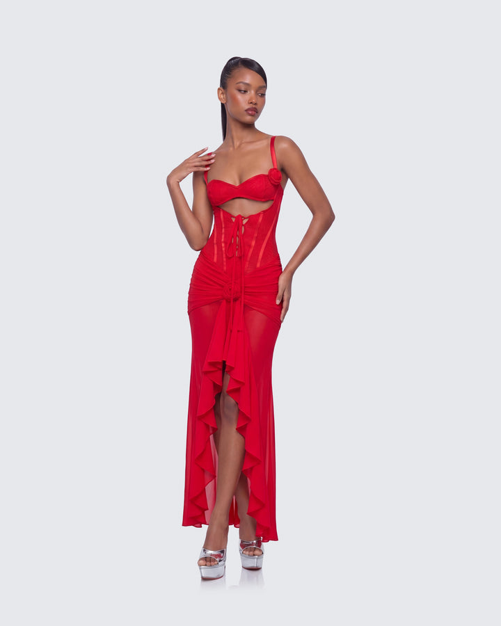 Solana Red Lace and Mesh Maxi Dress