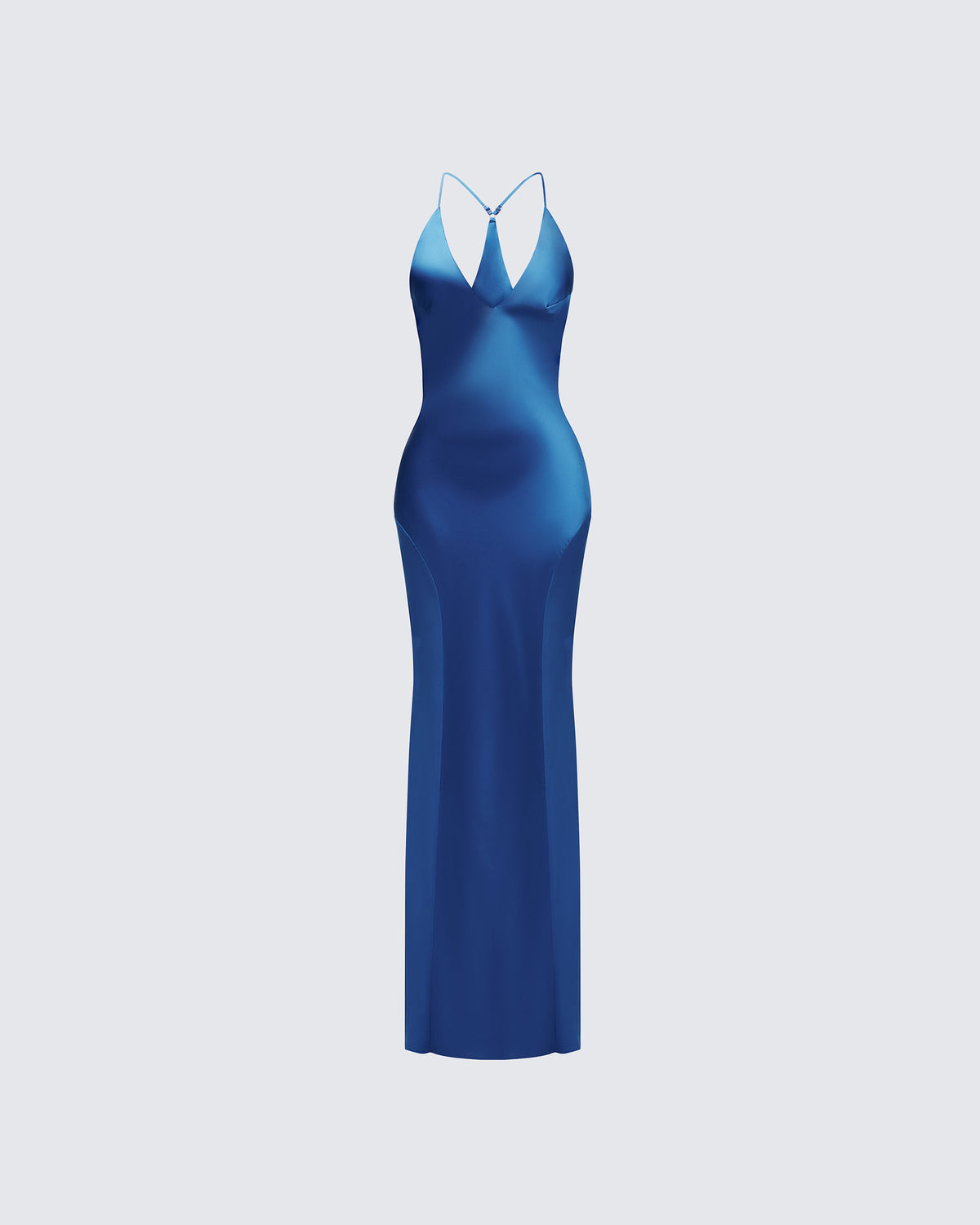 Solvea Blue Satin Maxi Dress Plunge Neck