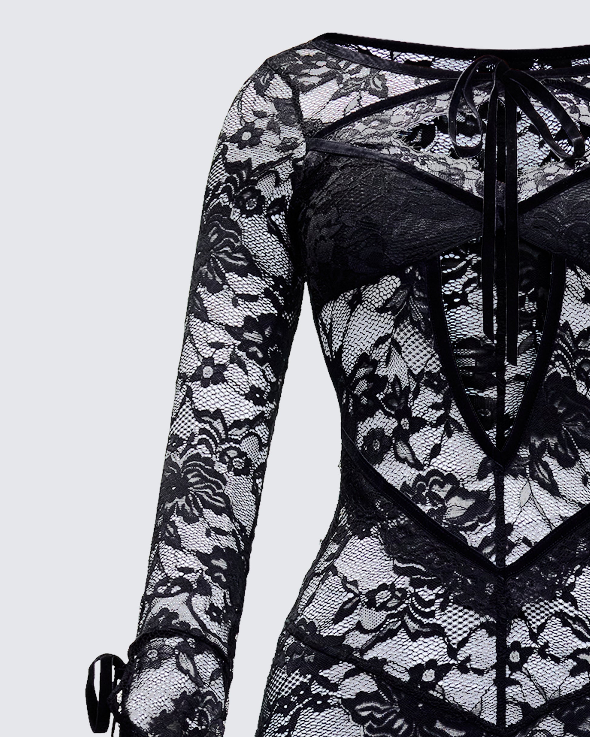 Black Lace Maxi Dress - Sheer Cutout Long Sleeve FINESSE Black Lace Maxi Dress - Sheer Cutout Long Sleeve FINESSE